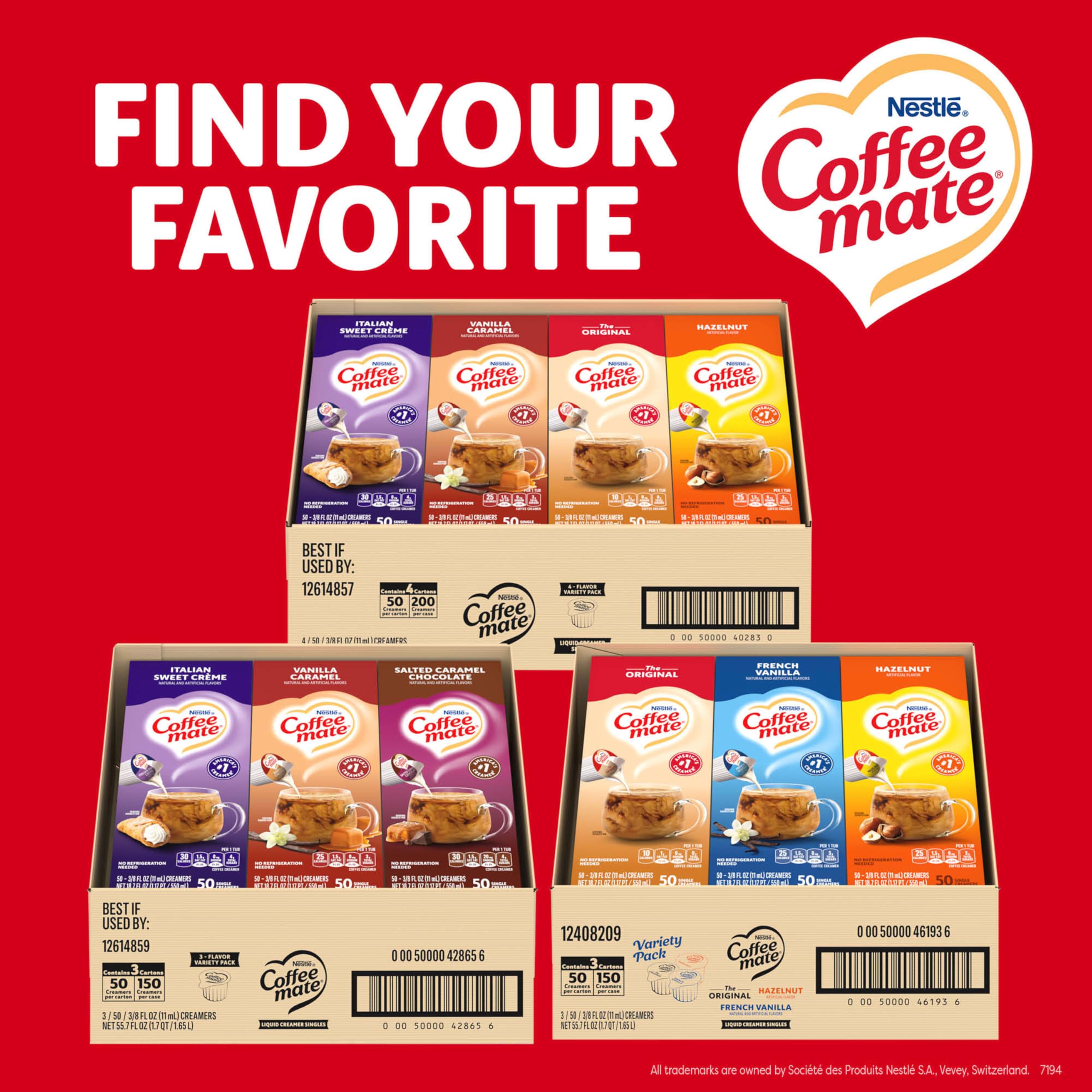 Nestle Coffee mate Creamer Singles Variety Pack, Original, French Vanilla, Hazelnut, Non Dairy, No Refrigeration, 0.375 fl oz Tubs, 150 Count (Pack of 50 Per Flavor)