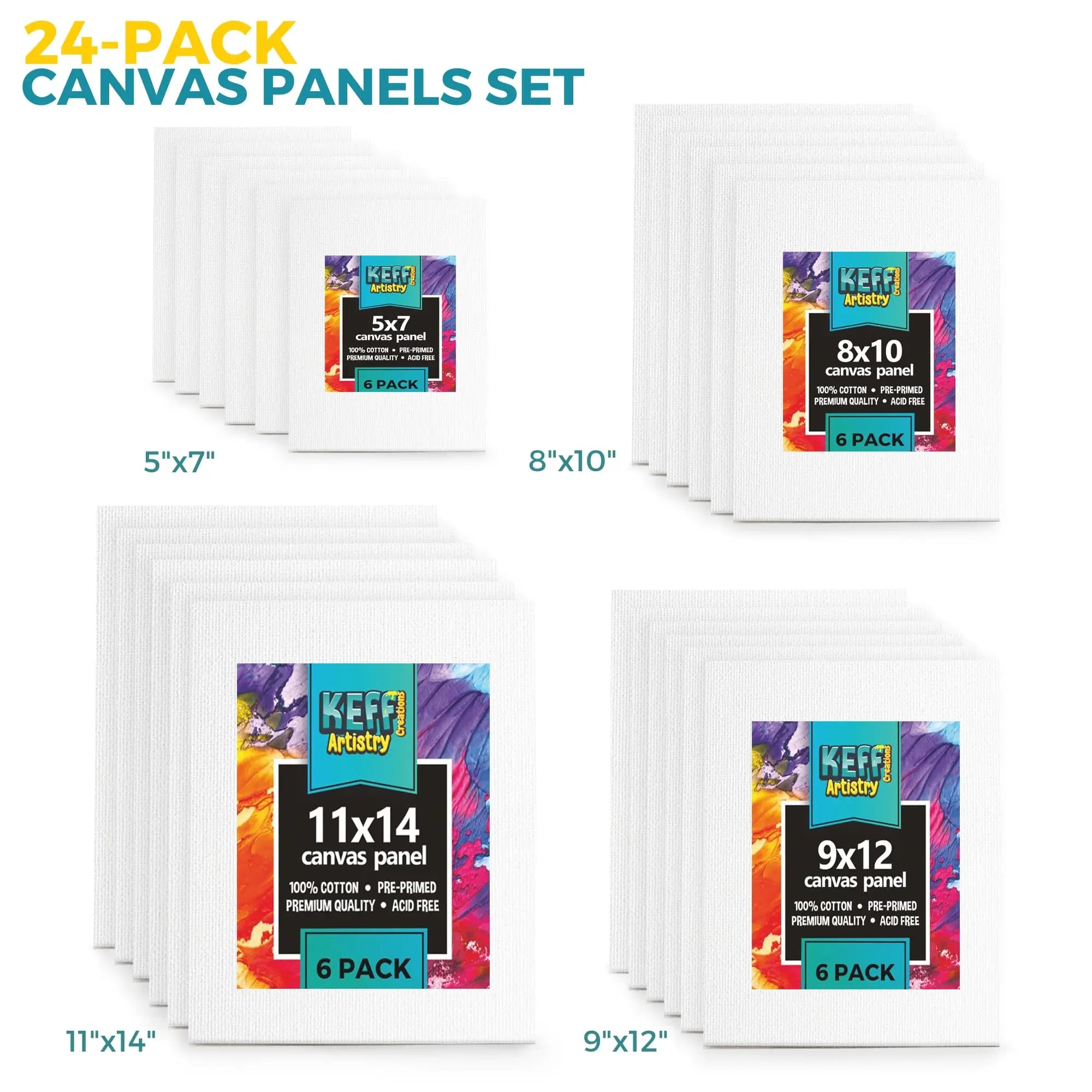 KEFF 24-Pack Canvas for Painting, 6 of 5x7, 8x10, 9x12,11x14 Painting Canvas Boards, Art Supplies for Adults & Kids - 100% Cotton Primed Canvases for Painting for Acrylic, Oil, Watercolor, Tempera