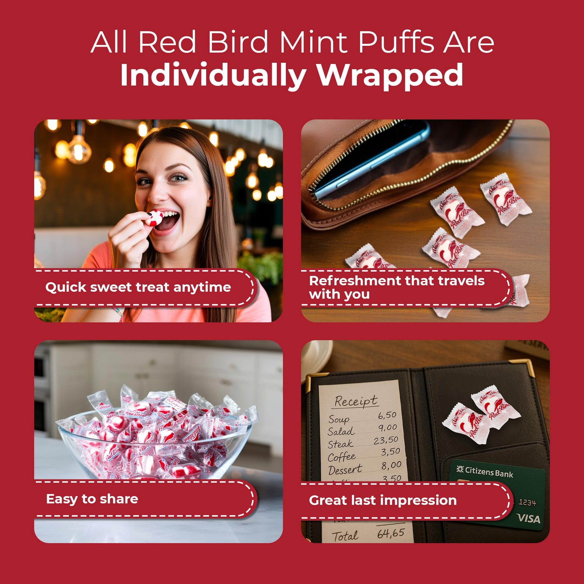Red Bird Soft Peppermint Candy, Individually Wrapped, Gluten Free Breath Mints, 18 oz Tub