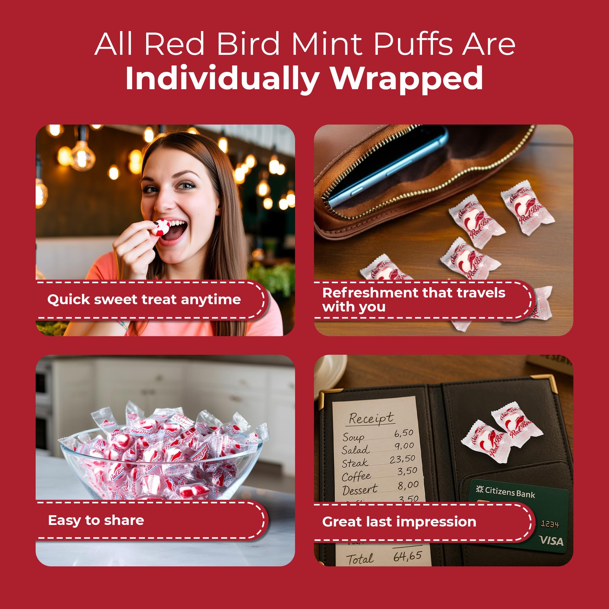 Red Bird Soft Peppermint Candy, Individually Wrapped, Gluten Free Breath Mints, 18 oz Tub