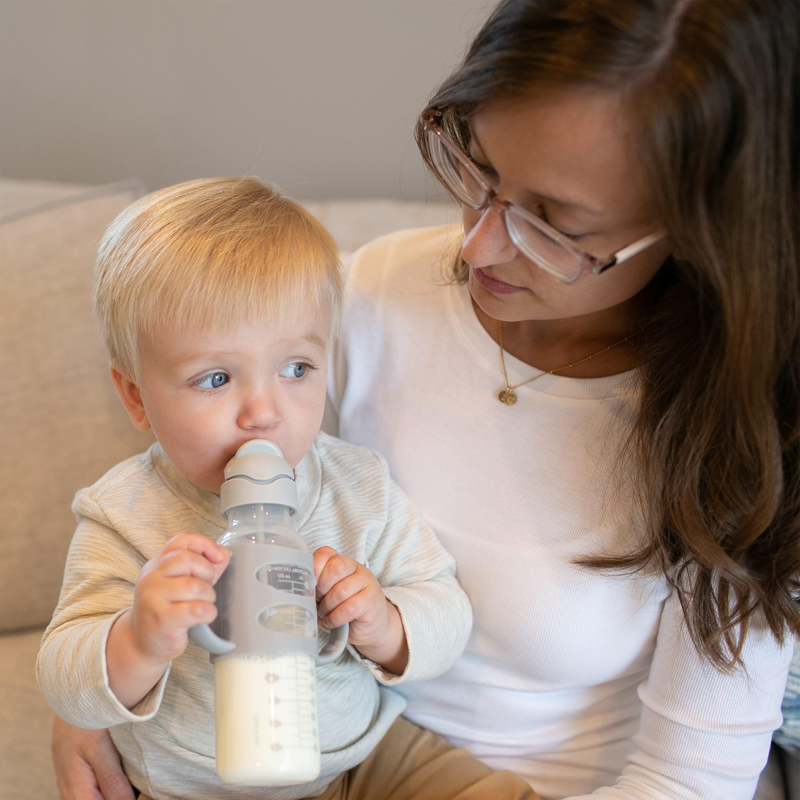 Dr. Brown's Milestones Narrow Sippy Straw Bottle, Spill-Proof with 100% Silicone Handles and Weighted Straw, 8 oz/250 mL, Gray & Blue, 6m+