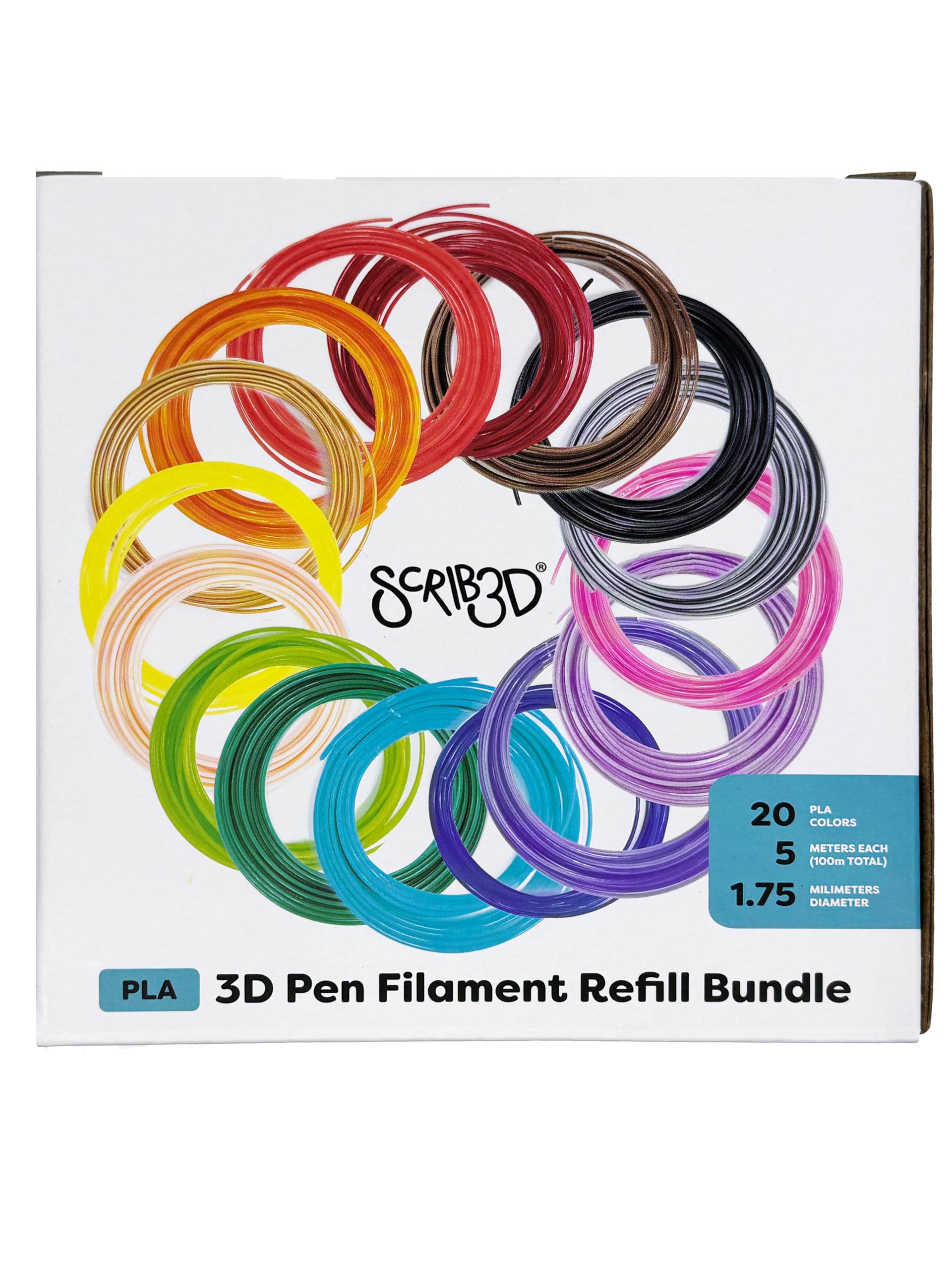 SCRIB3D Pen Filament Refills, 20 Colors, 320 Feet, 1.75mm PLA, Works with SCRIB3D, PIKA3D, MYNT3D and Most Other 3D Printing Pens