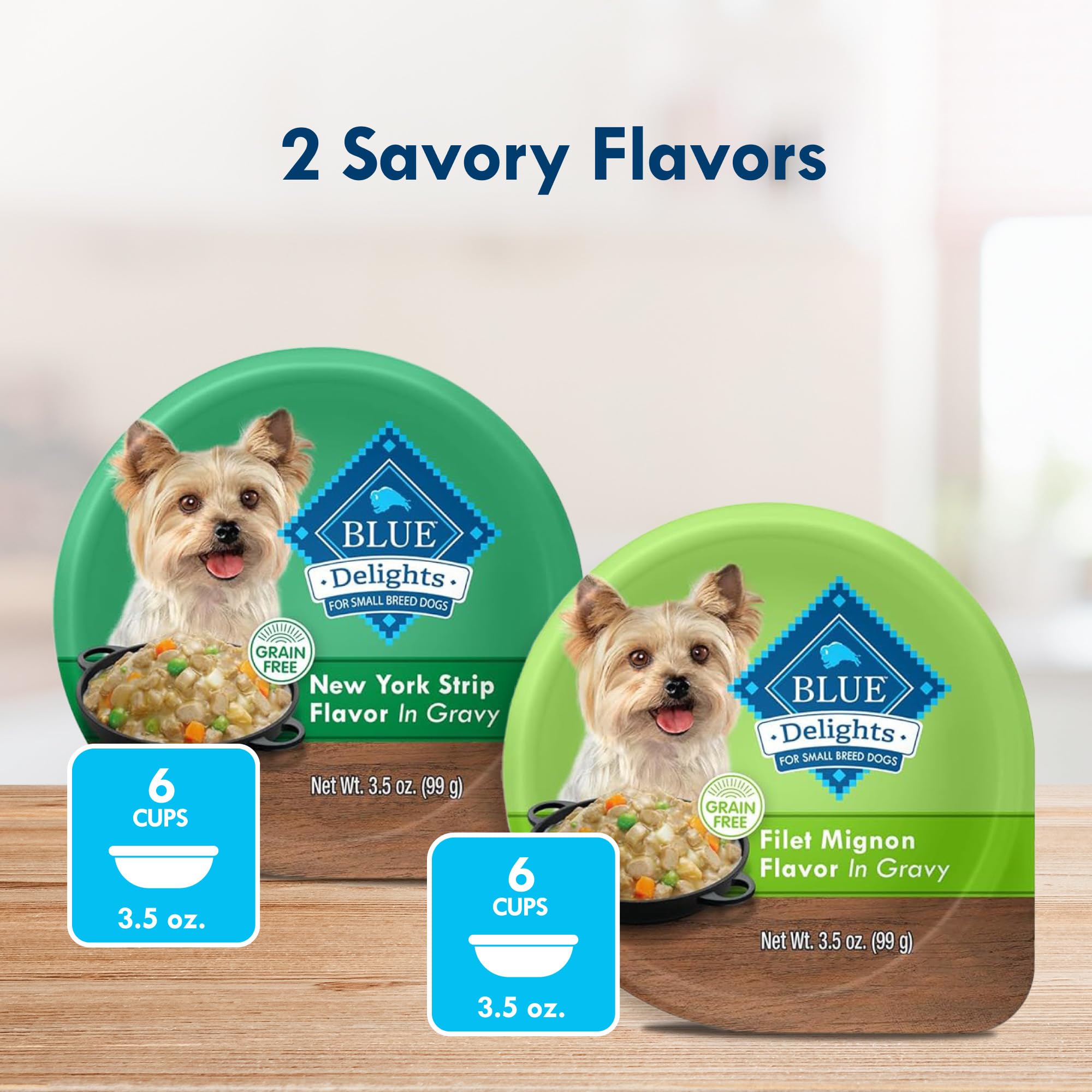 Blue Buffalo Delights Natural Adult Small Breed Wet Dog Food, Variety Pack, Made with Natural Ingredients, Filet Mignon & New York Strip Recipe in Hearty Gravy, 3.5-oz. Cups (12 Count, 6 of Each)