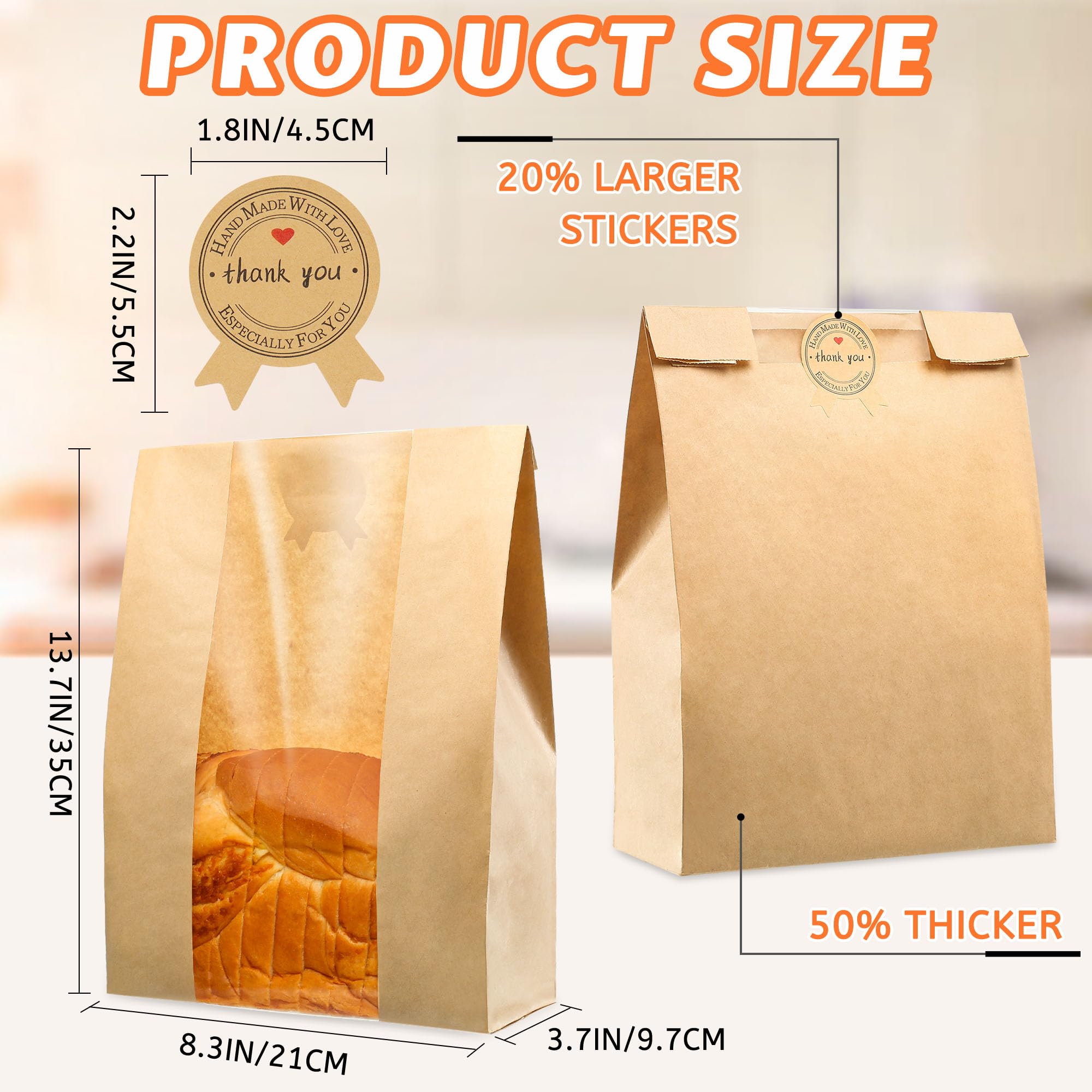 50 Pcs Bread Bags for Homemade Bread, Sourdough Paper With Window, 50% Thicker 13.7x8.2x3.7in A Large Bakery Bags Used for Storage Cookies & Snacks, 60 Cute Sealing Stickers With Ties
