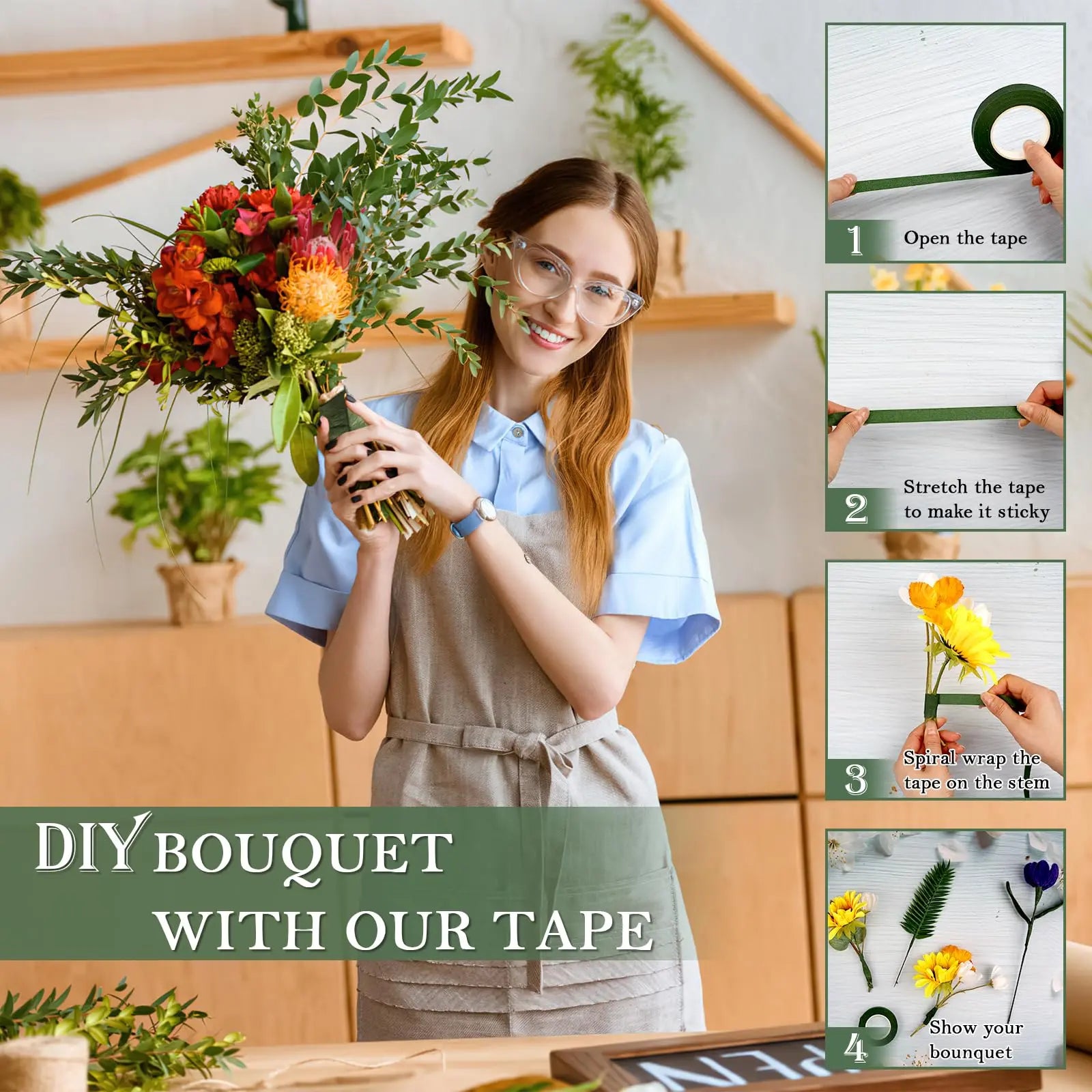 COIDEA 8 Rolls Floral Tape, 1/2" Wide Flower Tape, Dark Green Floral Tape for Fresh Flowers, Adhesive Florist Tape for Floral Crafts, Bouquet Floral Arranging Stem Wrapping, Wedding Bouquet, 30Yard