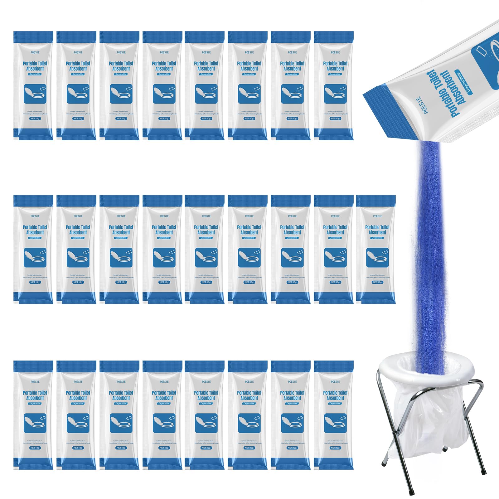 Poesie Flüssigabfallgel für tragbare Toiletten, 25 Beutel, mobile Toilette, abbaubares absorbierendes Gel, Kot-Urinkraft für Outdoor-Freizeit, Campingtoilette, Notfall-Toilettenbehandlungschemikalien