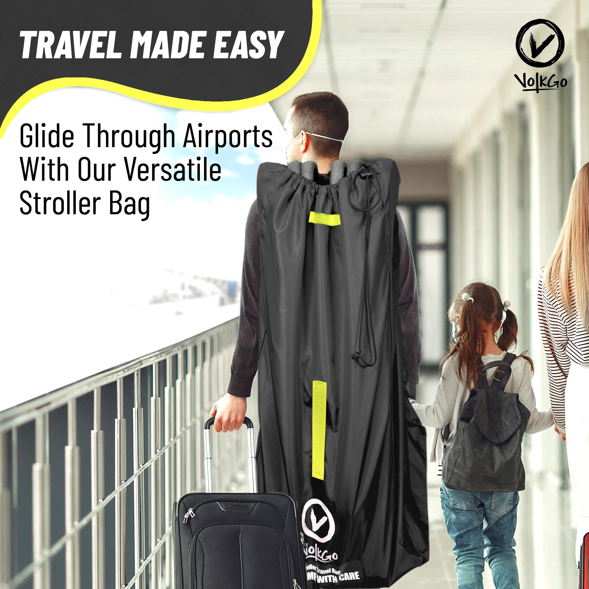 V VOLKGO Extra Large Stroller Bag for Airplane with Padded Backpack Shoulder Straps, Double Stroller Cover for Air Travel, Jogger & Carrier - Fits Most Sizes, Gate Check Bag, Waterproof Travel Cover.