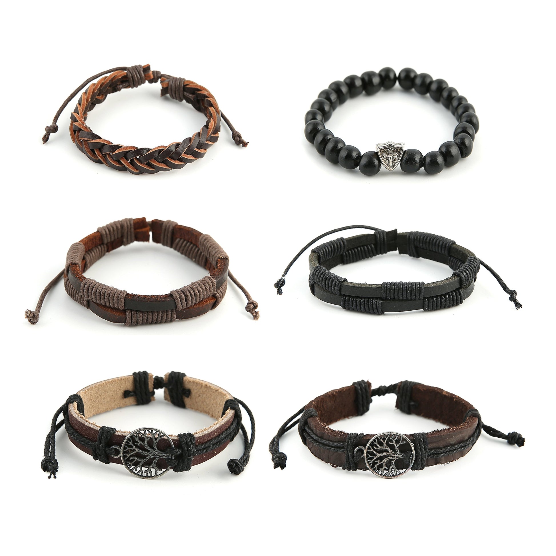 HZMAN Genuine Leather Tree of life Bracelets Men Women, Tiger Eye Natural Stone Lava Rock Beads Ethnic Tribal Elastic Bracelets Wristbands (2Pcs)