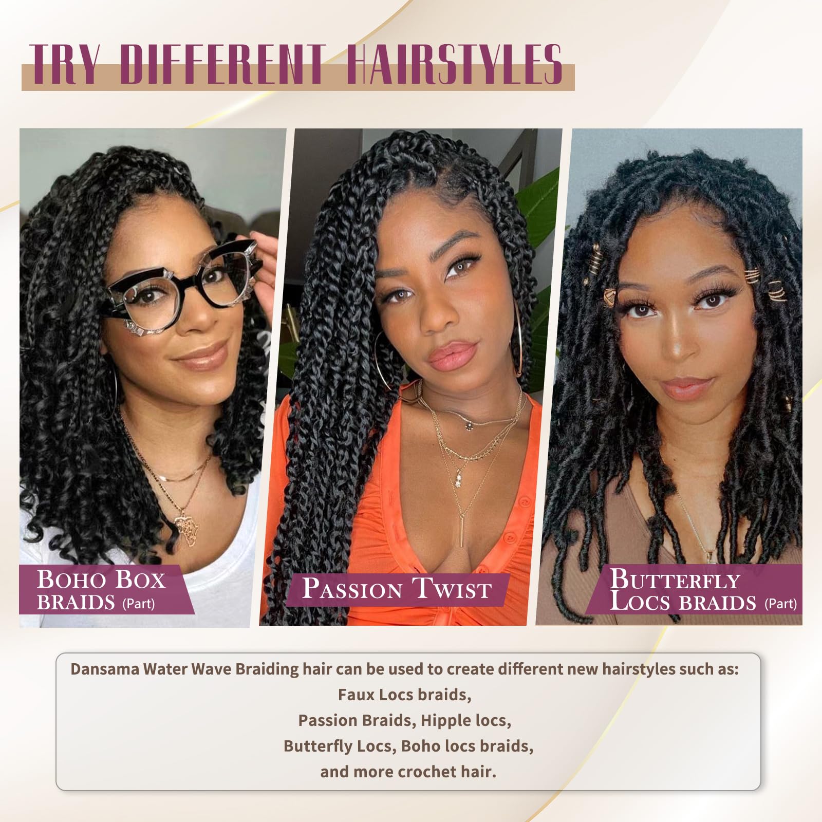 Dansama Passion Twist Hair Water Wave Crochet Hair for Black Women, Long Bohemian Braiding Hair for Boho Locs, Faux Locs, Butterfly Style Crochet Braids Hair Extensions (18inch, 1B, Economy Pack)