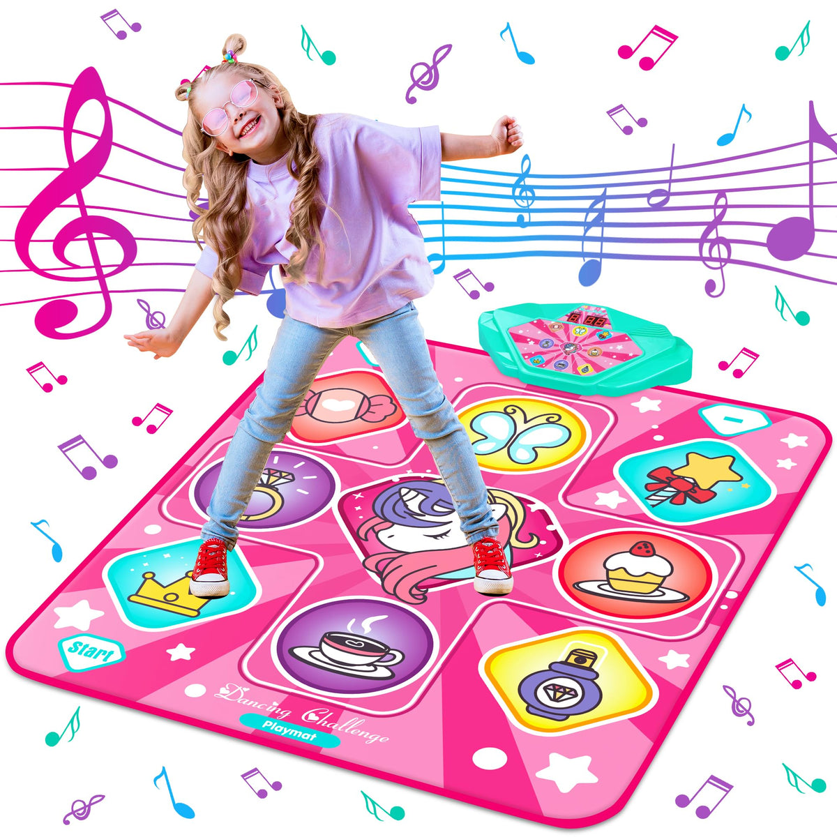 Kusntin Einhorn Tanzmatte, Tanzmixer Rhythmus-Tanzmatte, Pinkfarbene Tanzmatte mit LED-Leuchten, einstellbarer Lautstärke, integrierter Musik, 5 Spielmodi, Weihnachts- und Geburtstagsgeschenke für 3-12 Jahre alte Mädchen Spielzeug