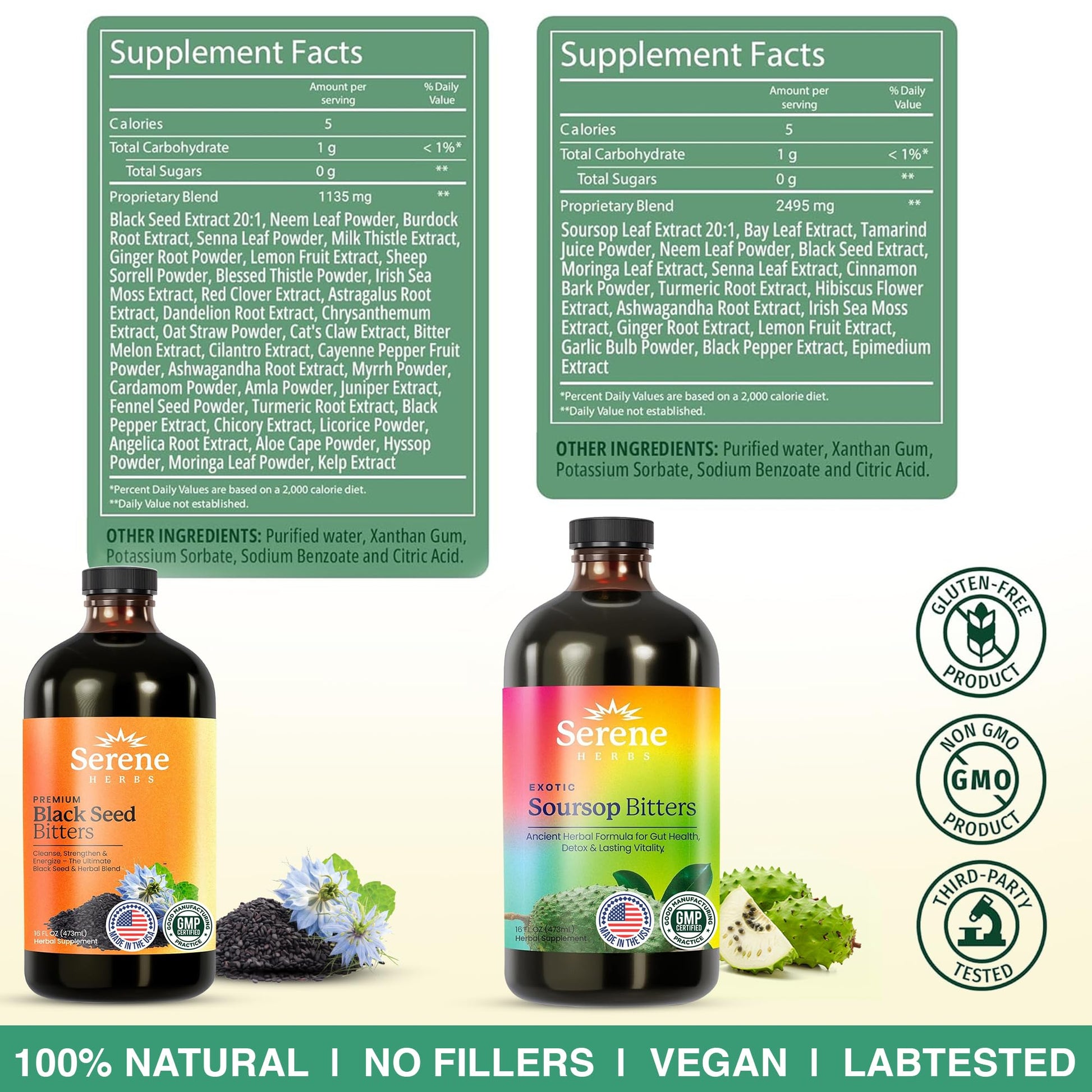 Serene Herbs Soursop Bitters Liquid & Black Seed Bundle – Organic Herbal Guanabana for Digestive Support & Immune Health – Vegan, Non-GMO – 32 oz (16 oz Each), 64 Servings