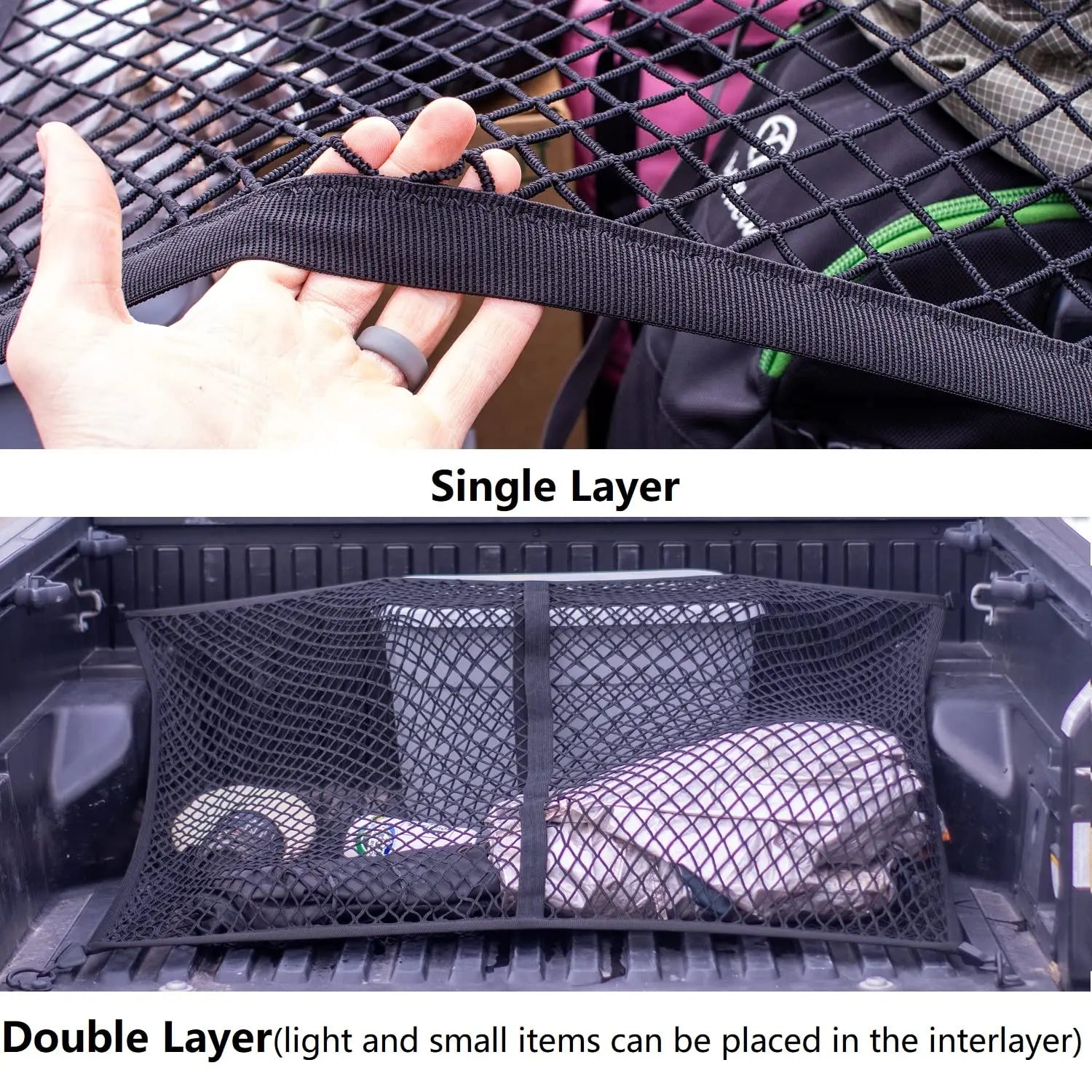 Highly Elastic Cargo Net, Simple Truck Bed Cargo Mesh Organizer, Suitable for Daily Light Loads of Trucks, 4'x4' Stretches to 7'x7' (Single Layer)
