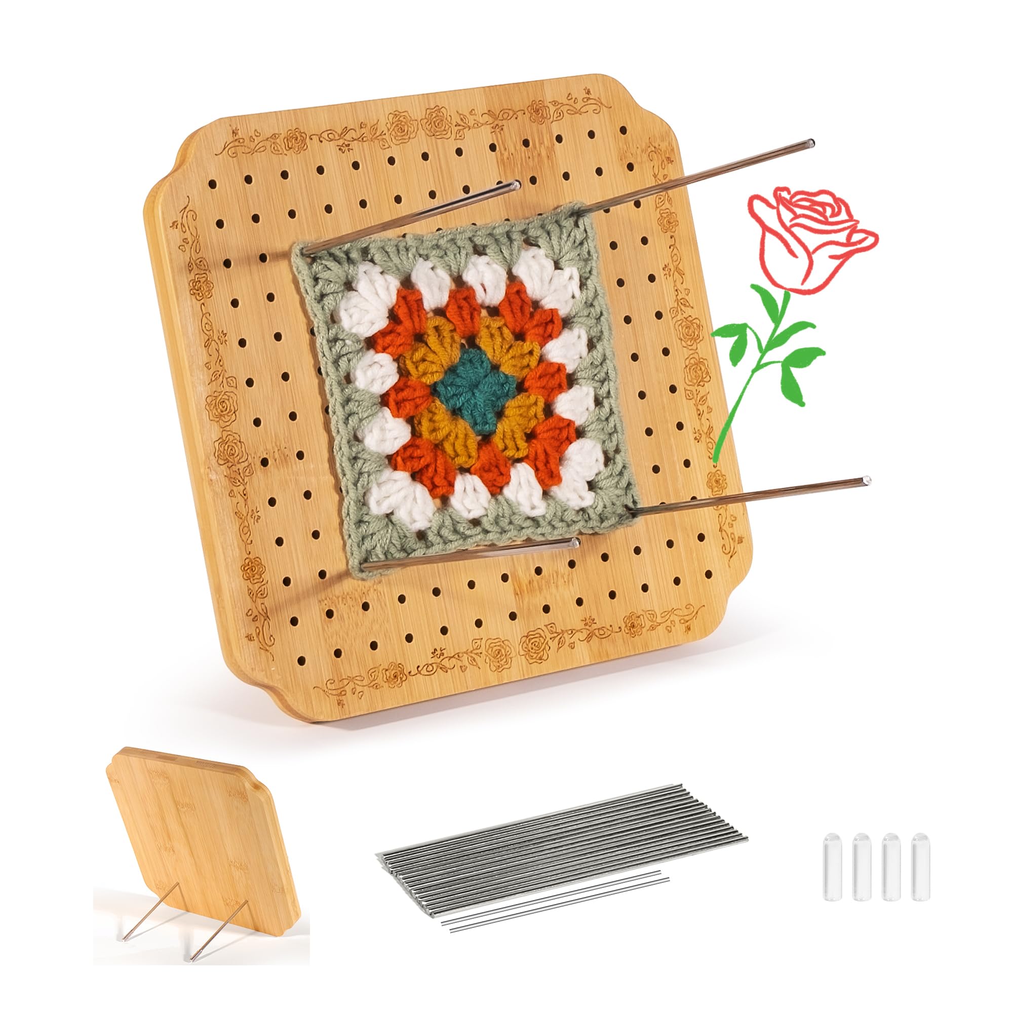 CraftyManor 7.6 in Blocking Boards for Crochet Projects with Rose Pattern, Crochet Blocking Board with Pegs, Granny Square Blocking Board with 20 Stainless Steel Pegs, Bamboo