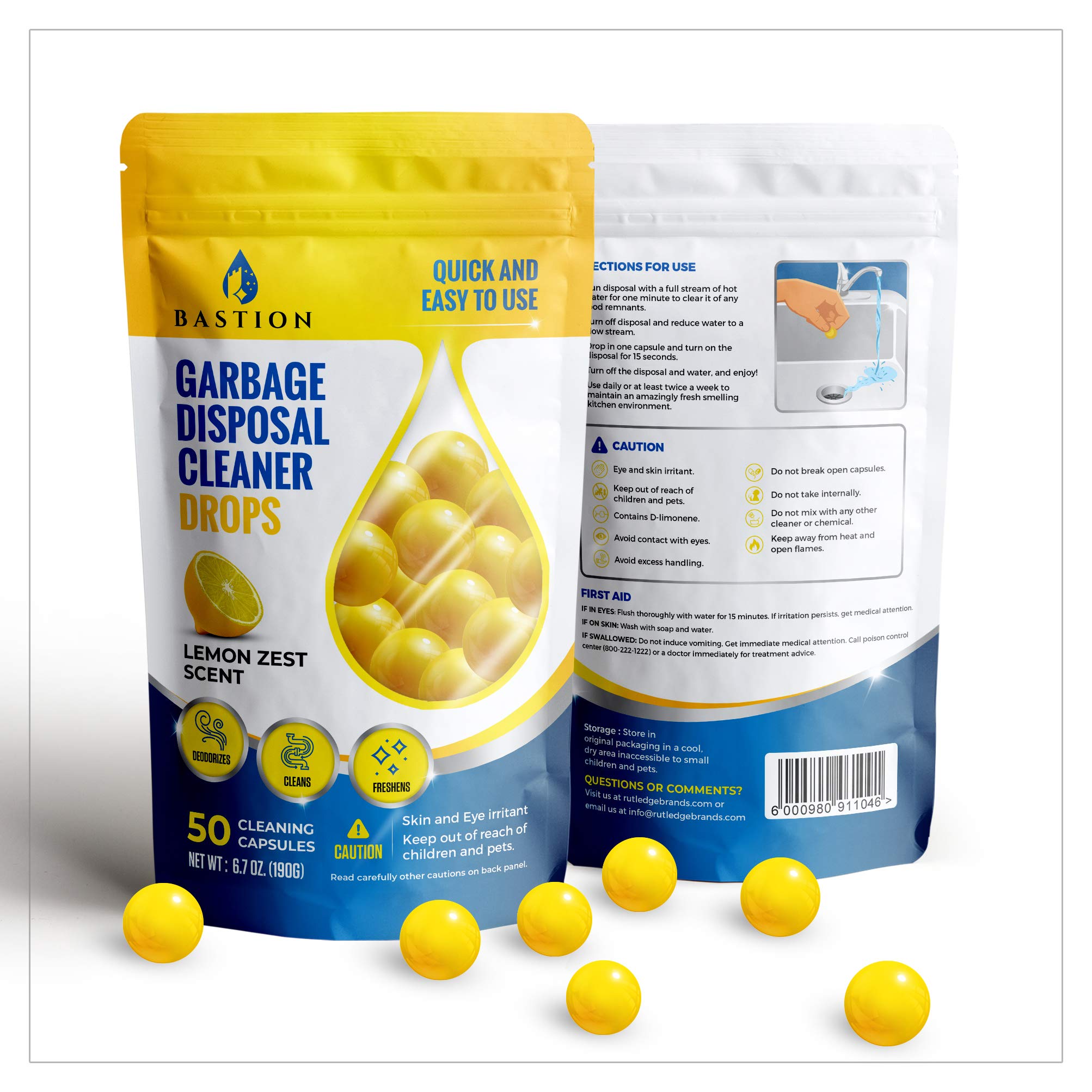 Bastion Garbage Disposal Cleaner and Deodorizer Drops- [[50-Count]] Lemon Zest Scented Kitchen Sink Freshener Pods & Drain Odor Eliminator Disposer Care Balls