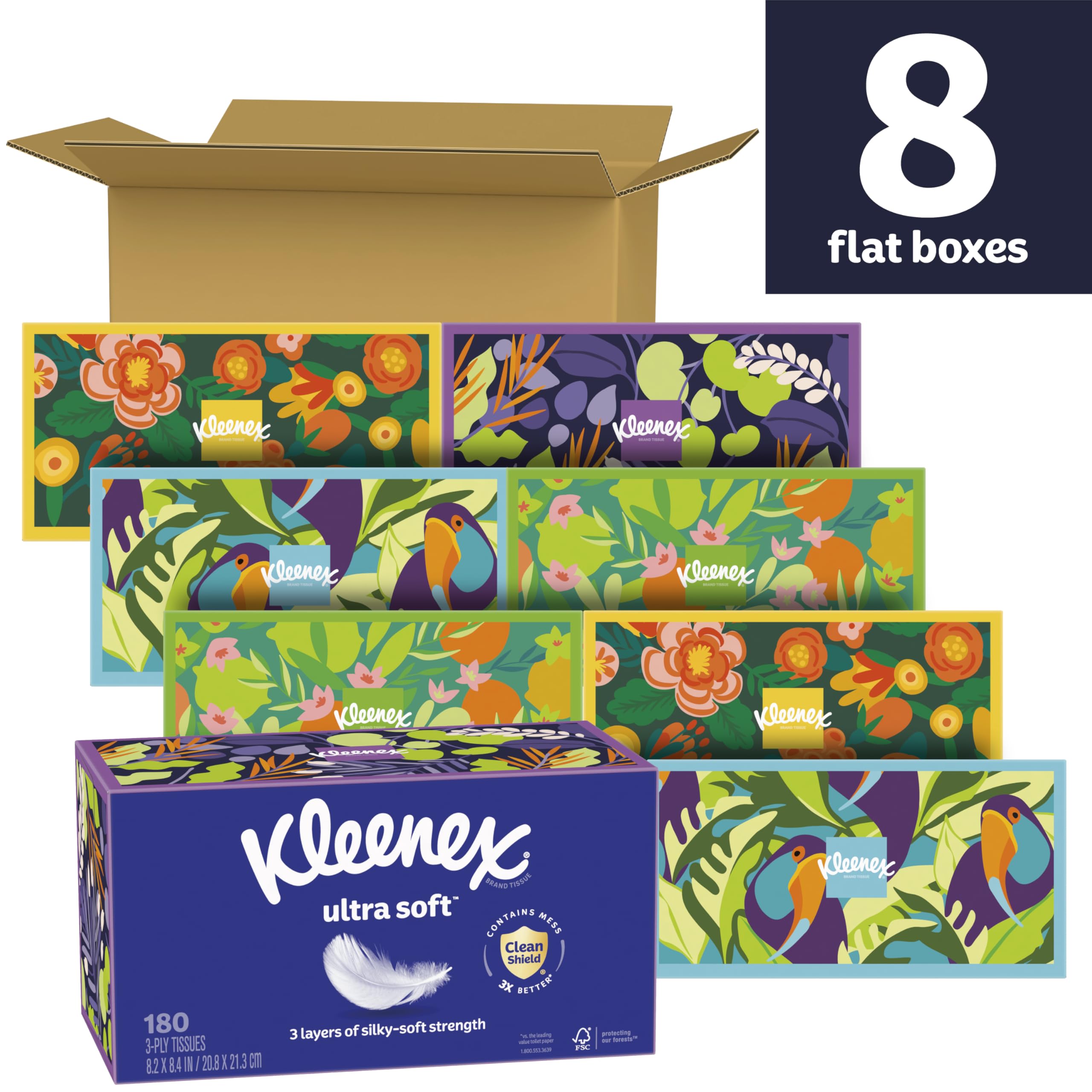 Kleenex Ultra Soft Facial Tissues, 8 Flat Boxes, 180 Tissues per Box, 3-Ply, Packaging May Vary