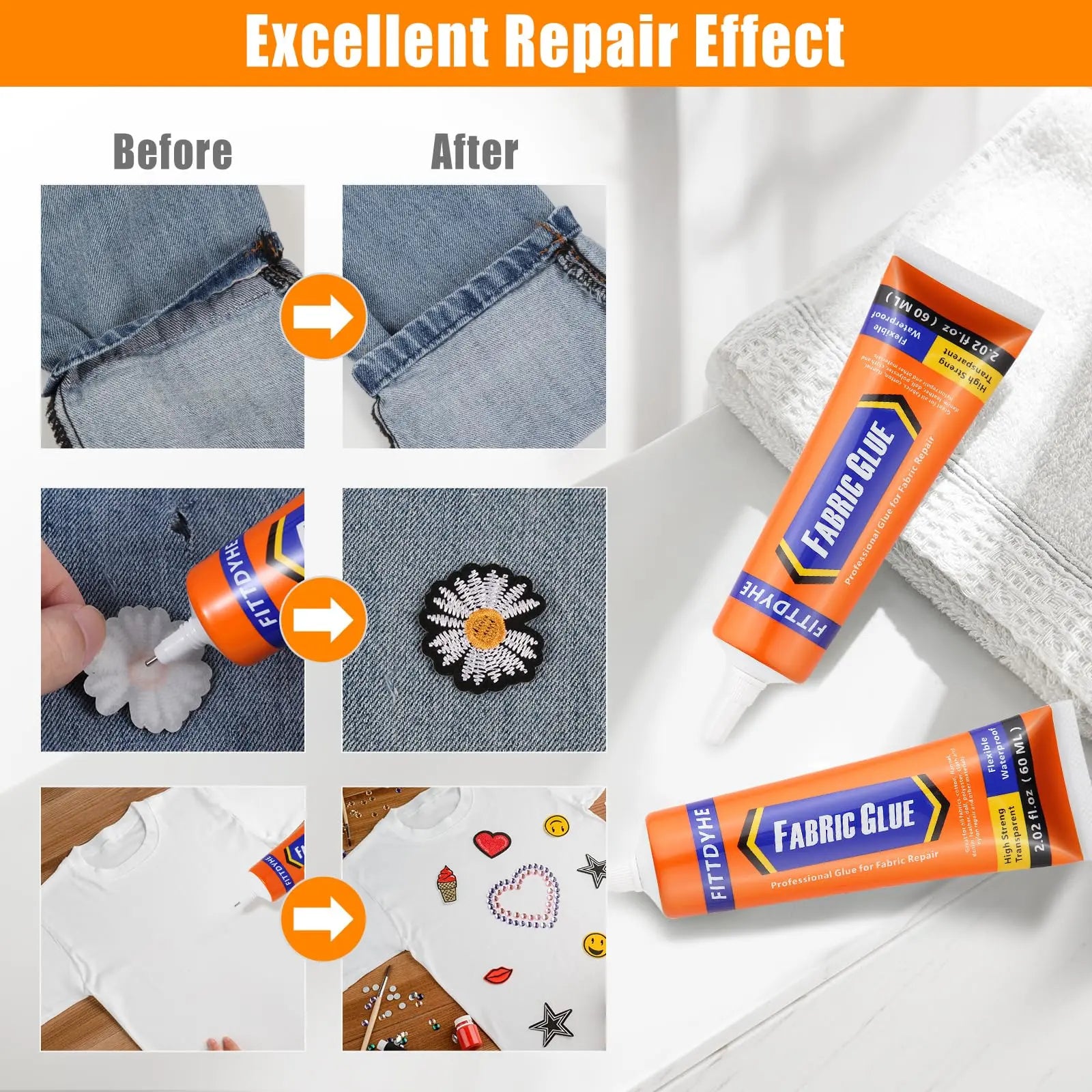 FITTDYHE Fabric Glue Permanent, 60 ML Washable Clear Clothing Glue, Super Fabric Adhesive for Rhinestones, Patches, Clothes, Denim, Leather, Polyester, Fabrics, Doll Repair, Flannel, Cotton