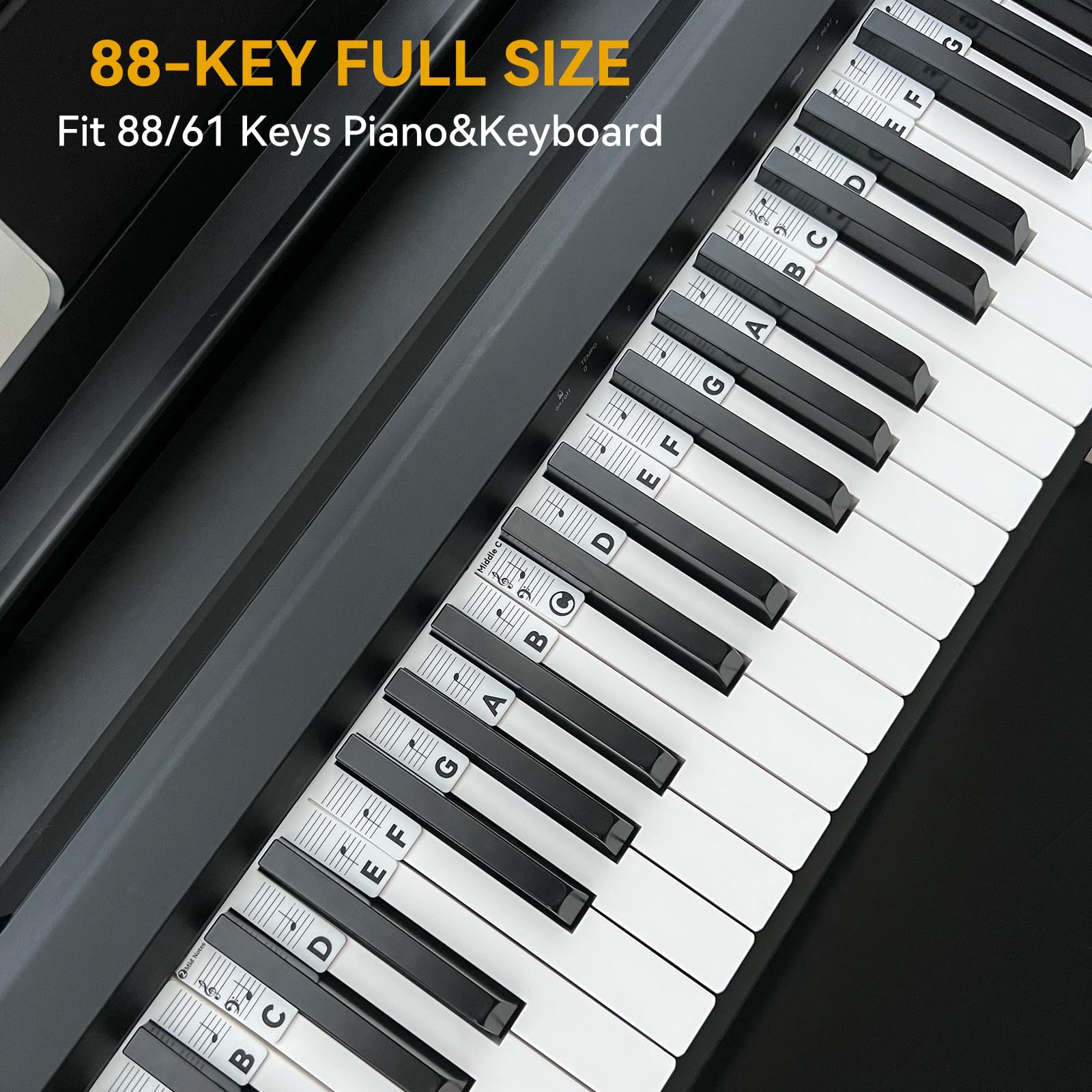 BEATBIT Piano Notes Guide for Beginner, Removable Piano Keyboard Note Labels for Learning, 88-Key Full Size, Made of Silicone, No Need Stickers, Reusable and Comes with Box (Classic Black）