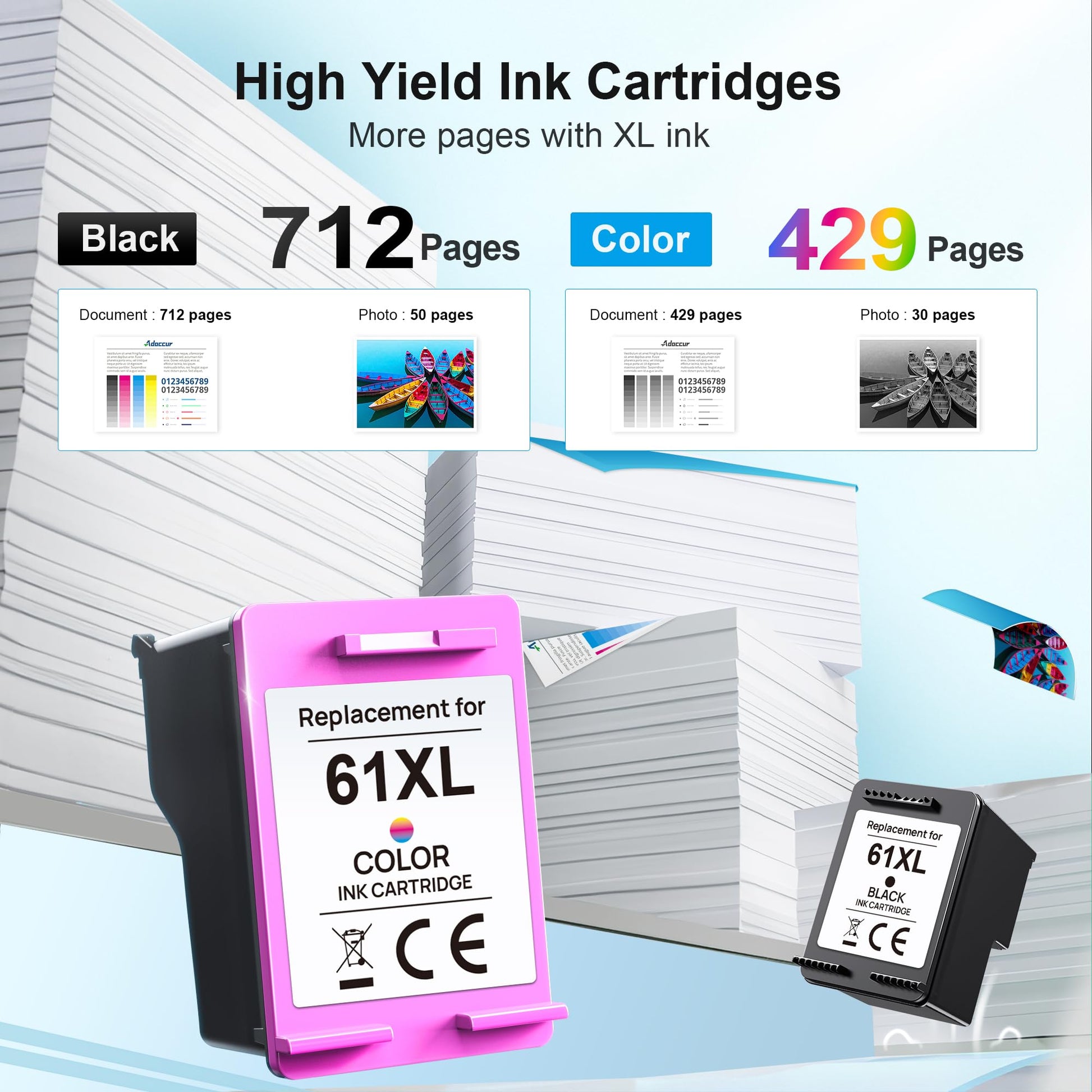 Adoccur 61XL Ink Cartridge Replacement for HP Ink 61 for HP 61 Ink Works with HP Envy 4500 5530 5534 4502 Deskjet 1000 1010 2540 3000 3510 Officejet 4630 4635 Printer (2 Pack)