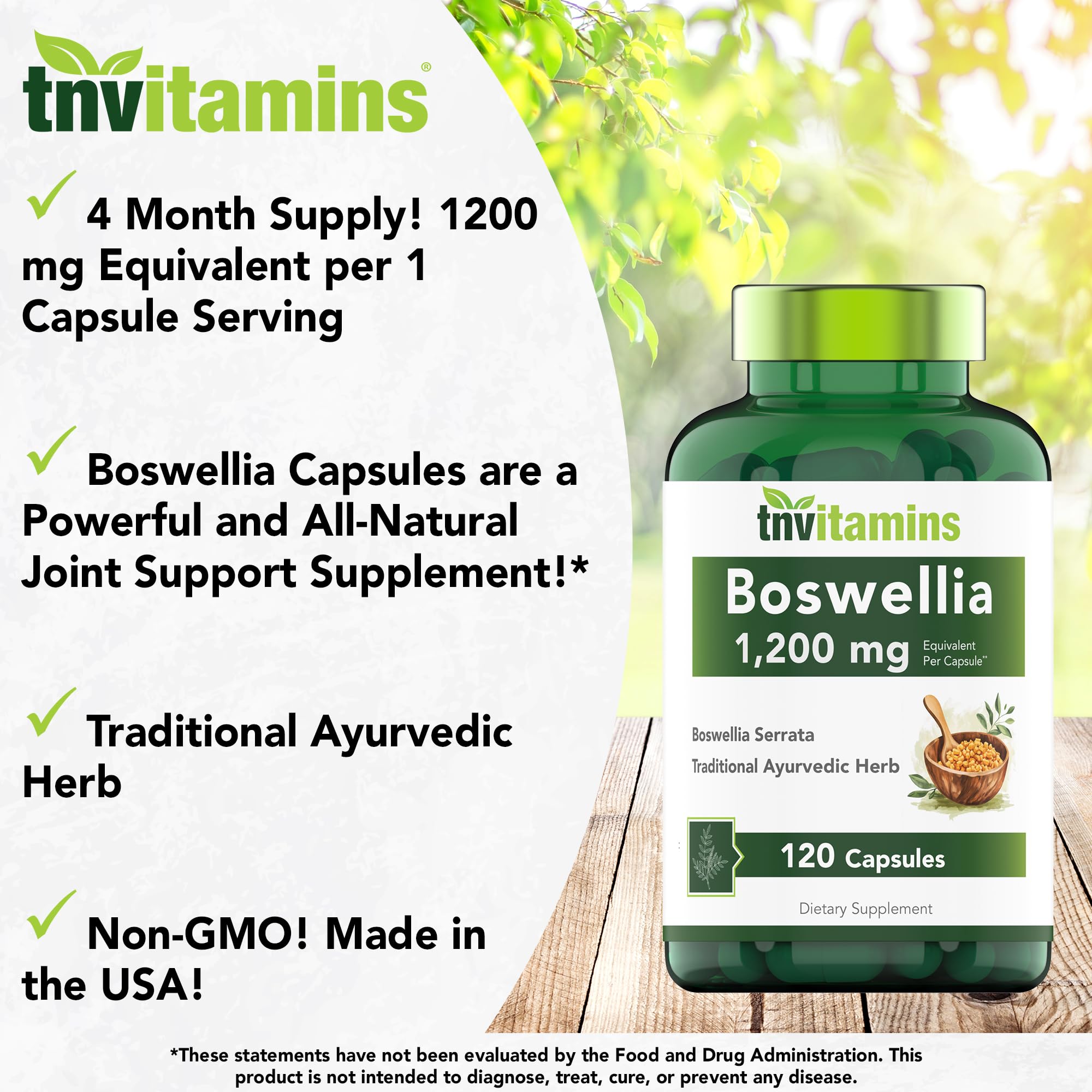 tnvitamins Boswellia Serrata Herbal Extract Capsules | 1200 MG/Capsule (120 Capsules) | Joint Support Supplement* | Ayurvedic Herb: Indian Olibanum/Frankincense