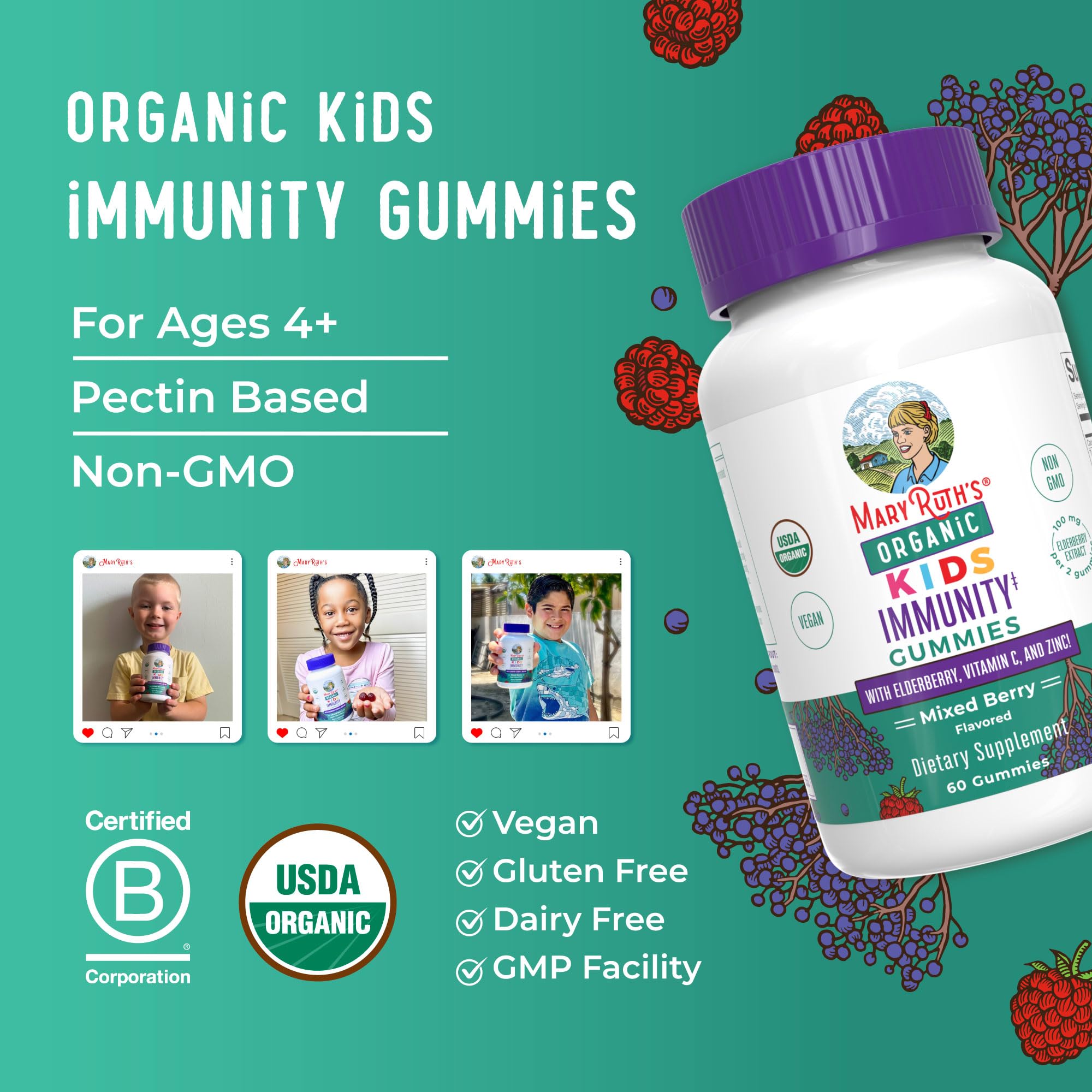 MaryRuth Organics Kids Immune Support Gummies | USDA Organic | Vitamin C, Zinc, and Elderberry Gummies for Kids| Immune Support for Ages 4+ | Vegan | Non-GMO | Gluten Free | 60 Count