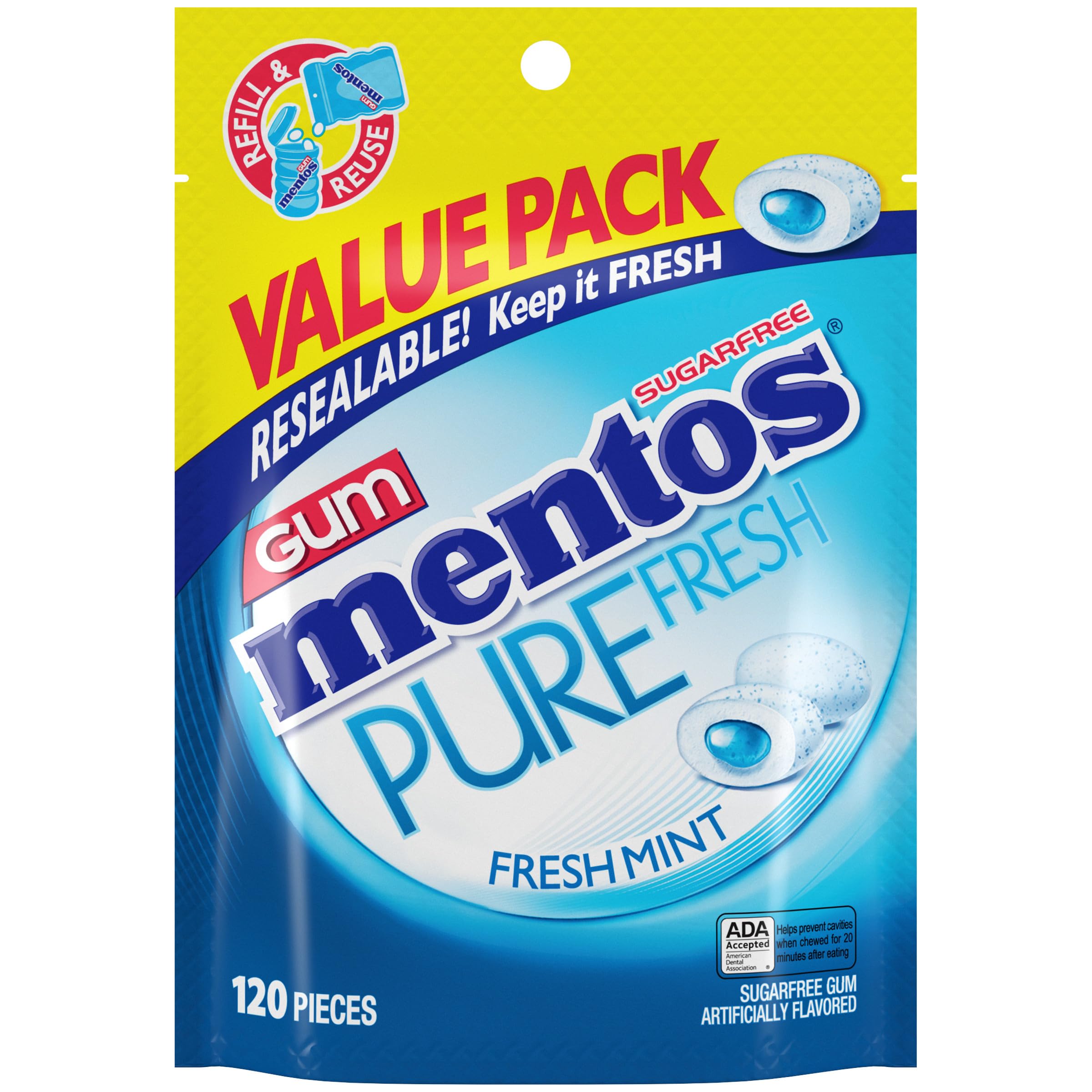 Mentos Pure Fresh Sugar-Free Chewing Gum with Xylitol, Fresh Mint, 120 Piece Bulk Resealable Bag (Pack of 1)