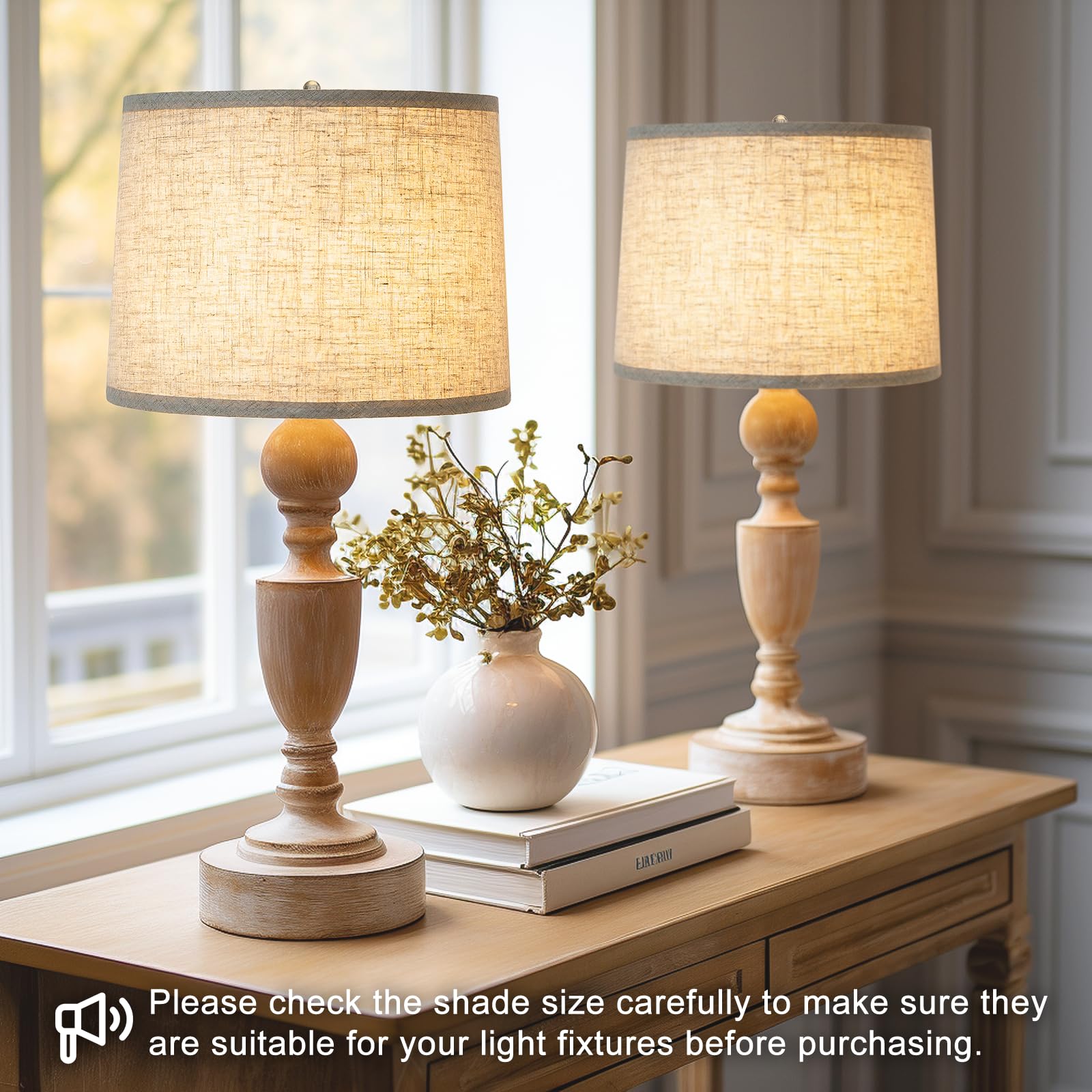 Lampshades Set of 2, Drum Lampshades 11.6" Top x 12.6" Bottom x 9.8" High, Seaside village Medium Lampshades (Spider Fitter), Beige Lampshades Natural Linen Hand Crafted, Easy Assembly Required