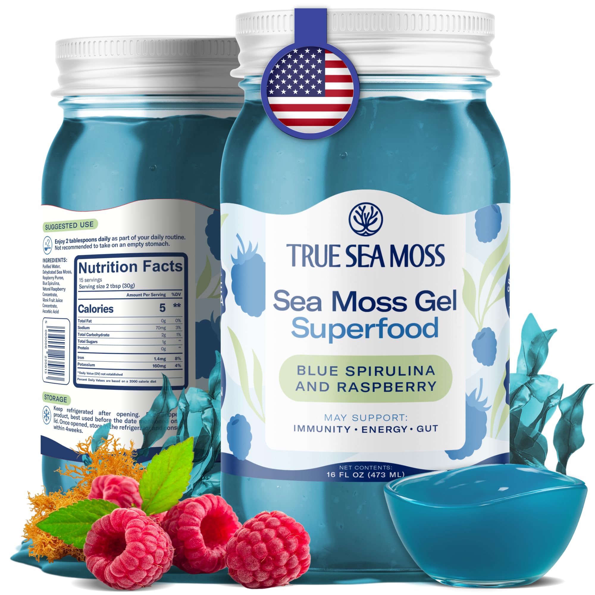 TrueSeaMoss Sea Moss Gel - Made in USA - Wildcrafted Seamoss, Fresh Fruits & Sea Vegetables - Blue Spirulina, Pack of 1 (Labels may Vary)