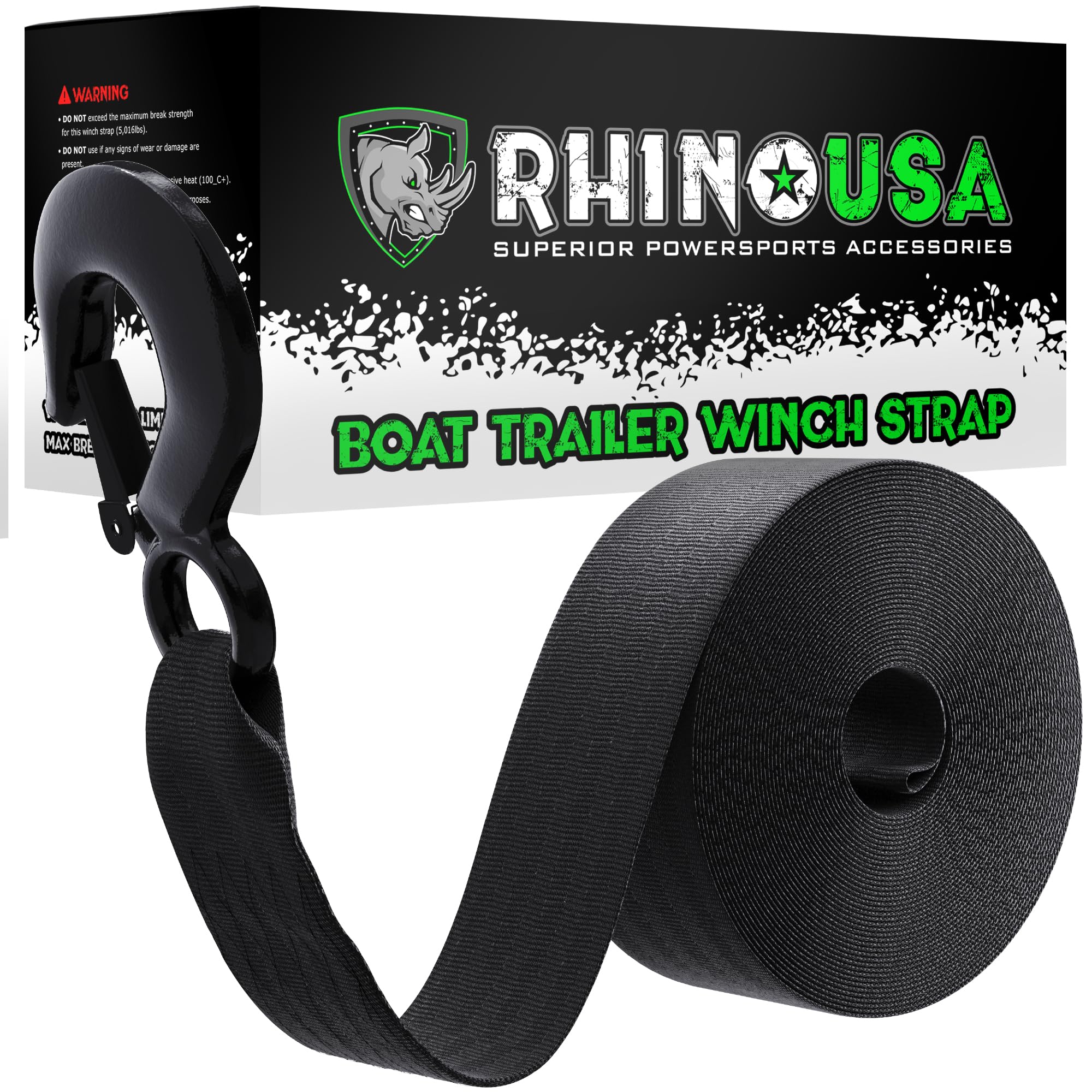 Rhino USA Bootswinch-Gurt mit Haken (5 cm x 6 m) – 2.275 kg Bruchfestigkeit – Ultimativer Bootsanhänger-Ersatzwindengurt mit Sicherheitshaken – Kompatibel mit Ponton, Jetski, Angelboot und mehr!