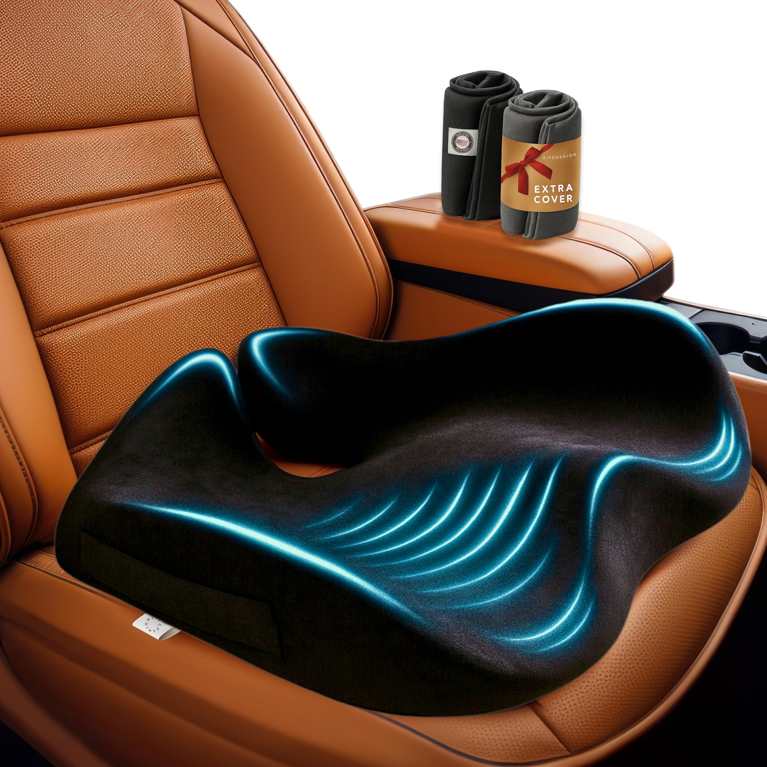 SitCushion Car Seat Cushion for Driving - Orthopedic Memory Foam Car Seat Pad for Sciatica, Tailbone, and Back Pain Relief for Long Drives. Bonus: with Extra Non-Slip/Washable Cover(Black)