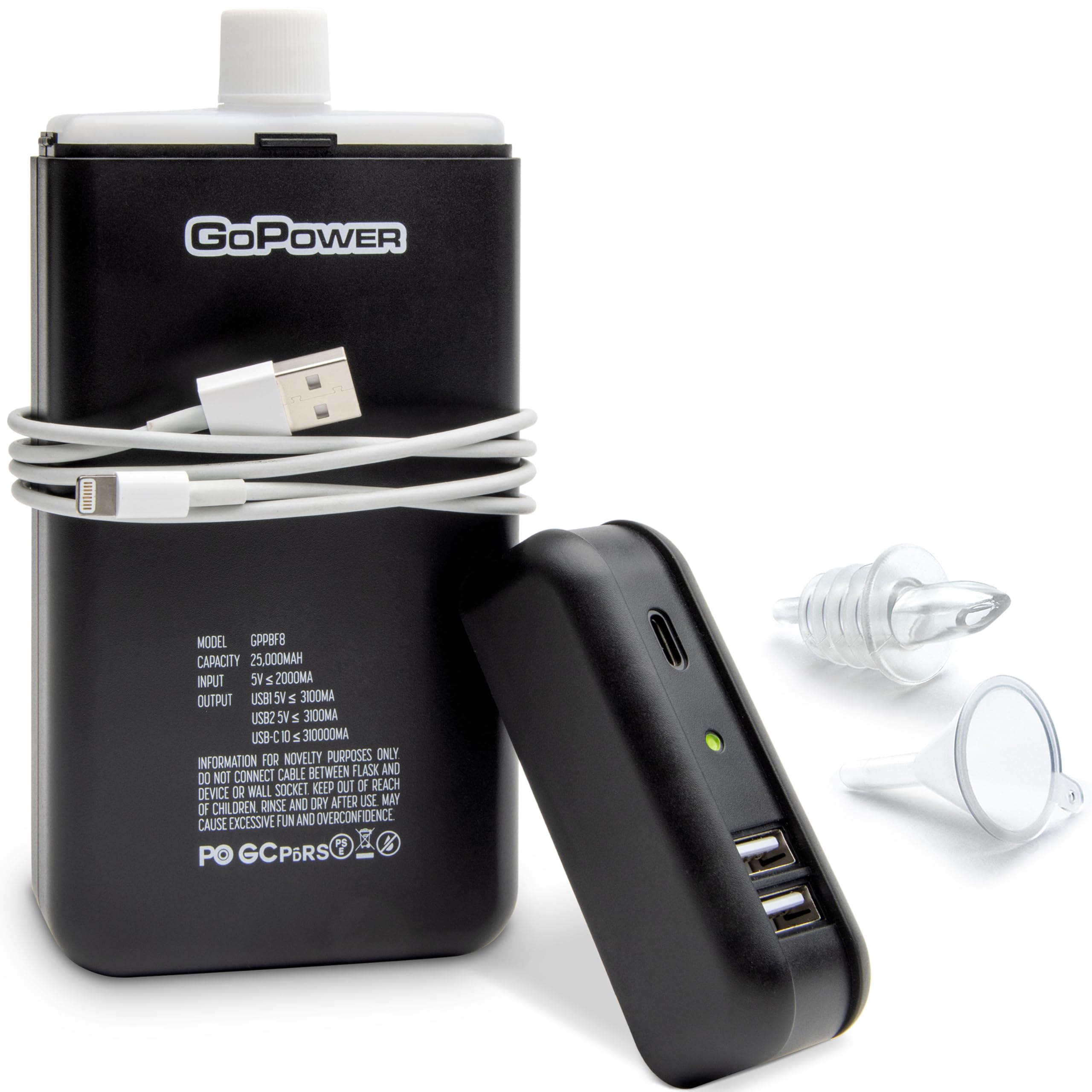 GoPong Power Bank Flask (8 oz) - Hidden Alcohol Travel Flask - Secret Liquor Container for Beaches, Cruises, and Sports Events - Includes Funnel & Spout