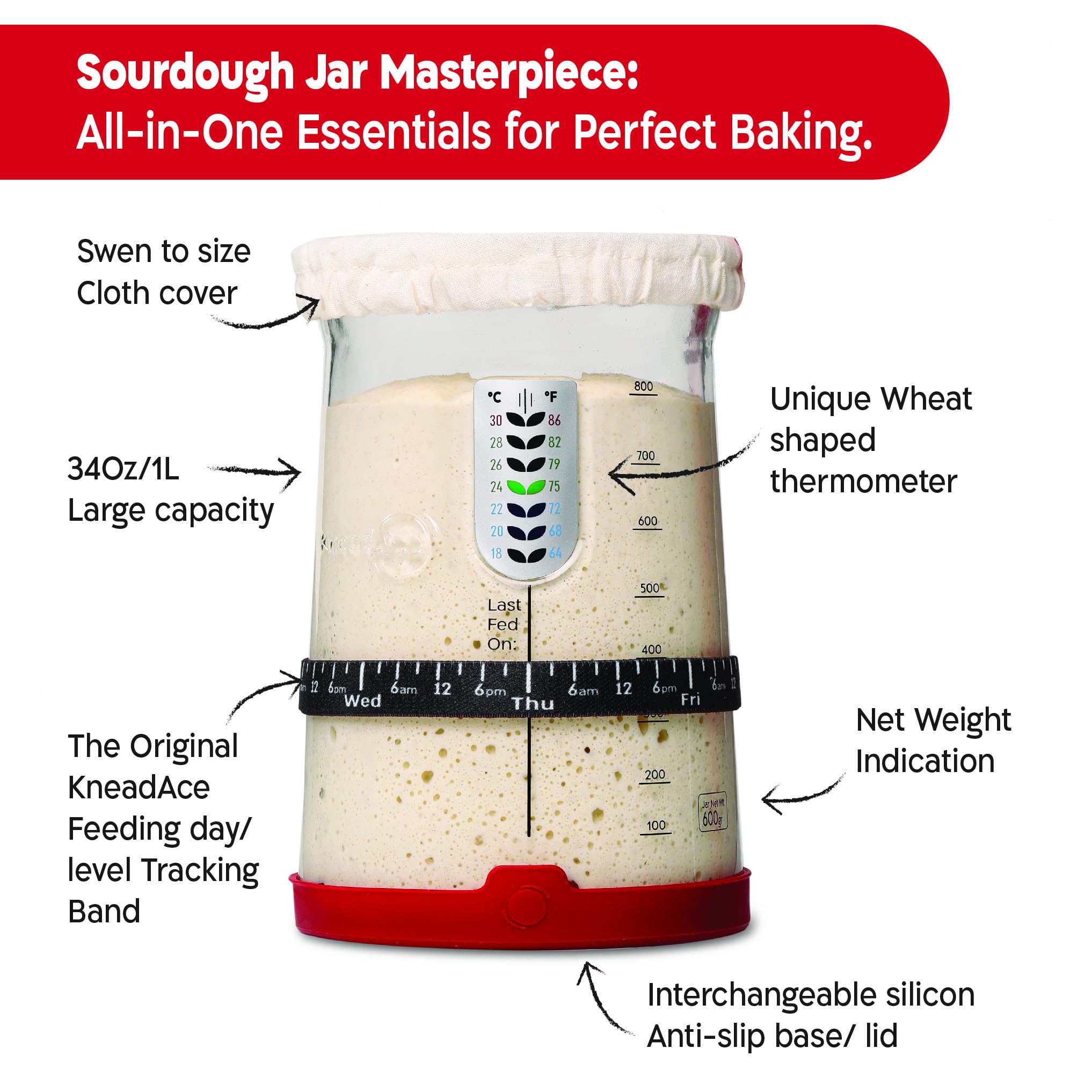 KNEADACE Pro Sourdough Starter Kit - 34oz Large Capacity Glass Fermentation Jar with Lid & Tracker, Sourdough Starter Fermenter for Homemade Sourdough, Bread Dough Prep & Culinary Fermentation, 1 Set