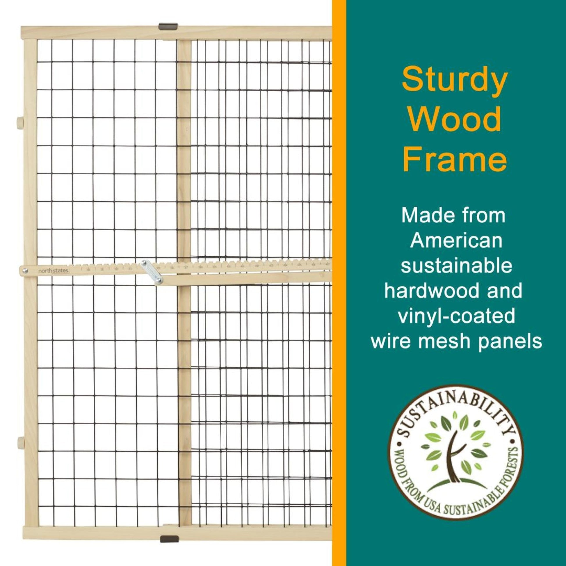 MYPET North States Wire Mesh Dog Gate: 29.5-48" Wide. Pressure Mount. No Tools Needed. Made in USA. Dog Gate 37" Tall, Expandable, Durable Dog Gates for Doorways, Sustainable Hardwood, Natural Finish