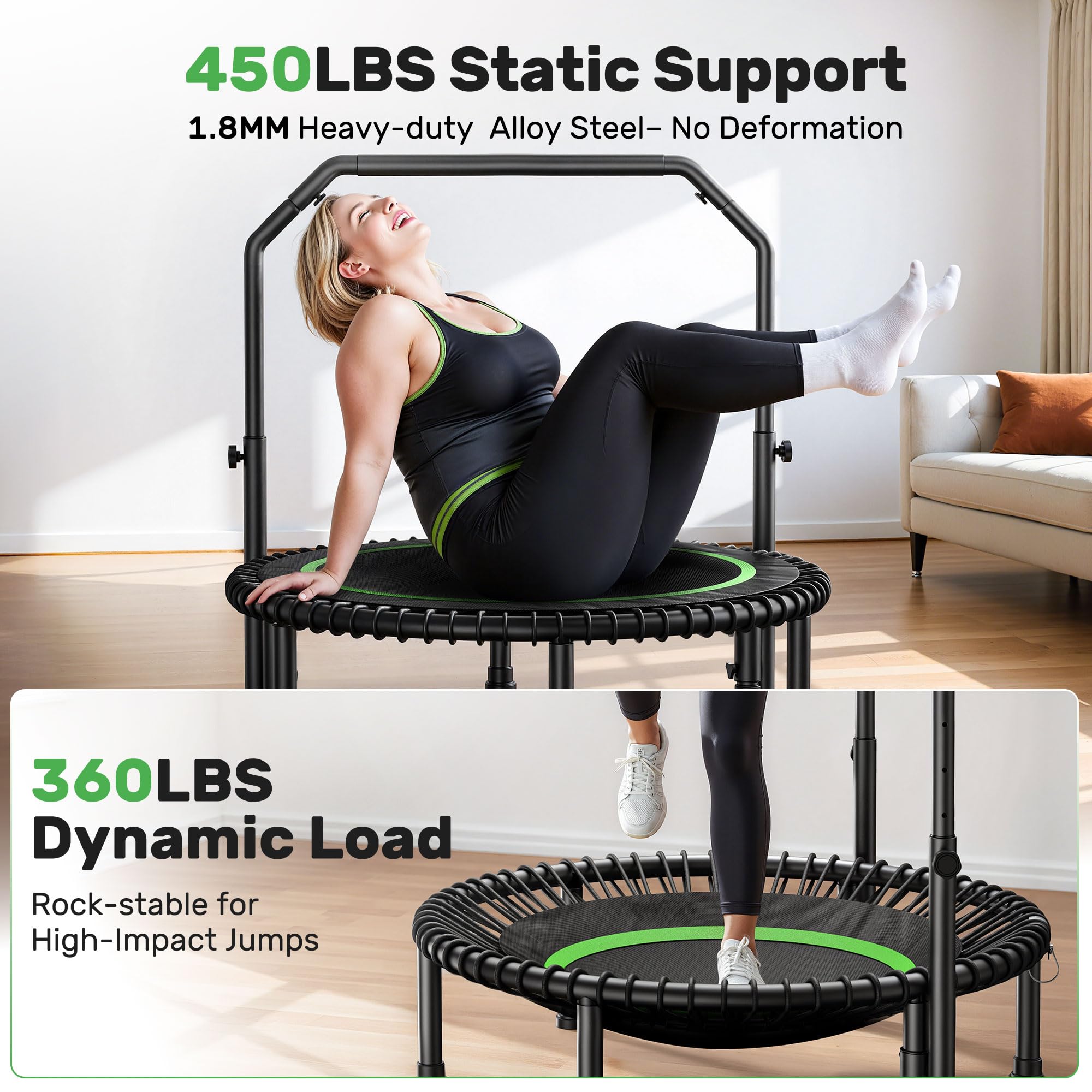 BCAN Adult Mini Trampoline, 40" Fitness Trampoline with Bungees, U Shape Adjustable Foam Handle, Stable & Quiet, Indoor Outdoor Workout-Green
