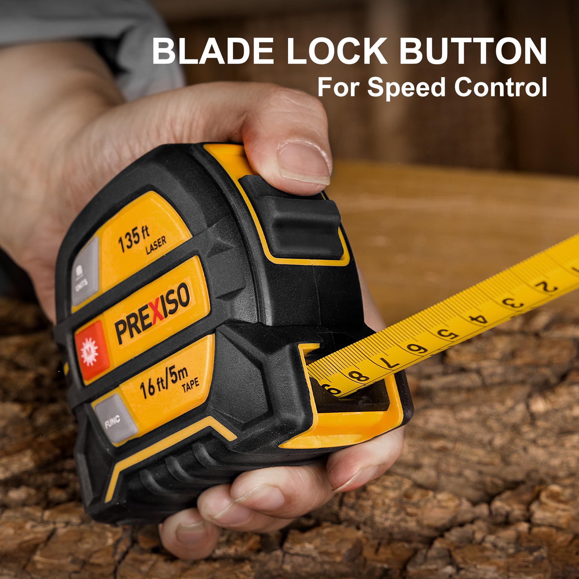 PREXISO 2-in-1 Laser Tape Measure, 135Ft Rechargeable Measurement Tool & 16Ft Measuring Movable Magnetic Hook - Pythagorean, Area, Volume, Ft/Ft+in/in/M Unit NOT Digital