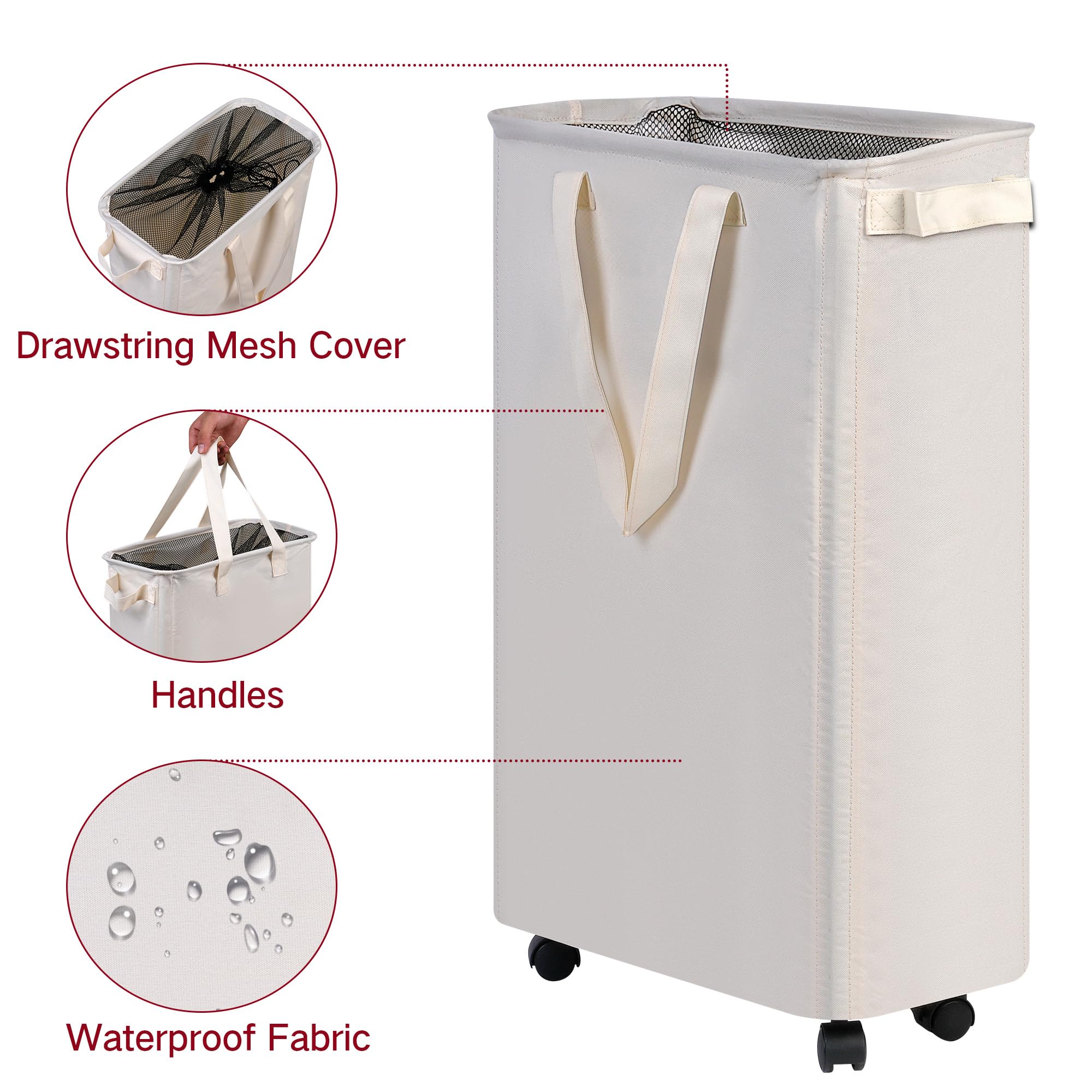 efluky Slim Laundry Hamper with Wheels, Rolling Laundry Basket for Clothes, Small Laundry Basket for Bedroom, Dorm and Laundry Room, 60L (12.7 Gallons) Beige