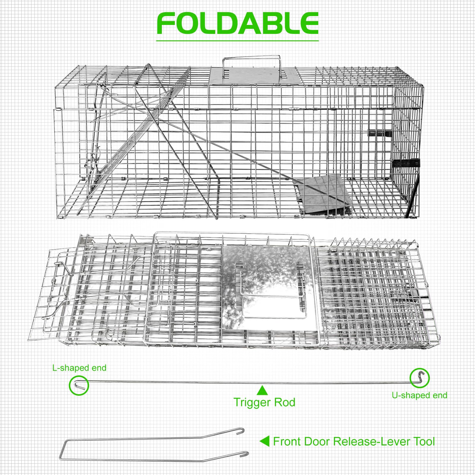 SZHLUX 32" Live Animal Cage Trap, Heavy Duty Folding Raccoon Traps, Humane Cat Trap for Stray Cats, Raccoons, Squirrel, Skunk, Mole, Groundhog, Armadillo, Rabbit, Catch and Release
