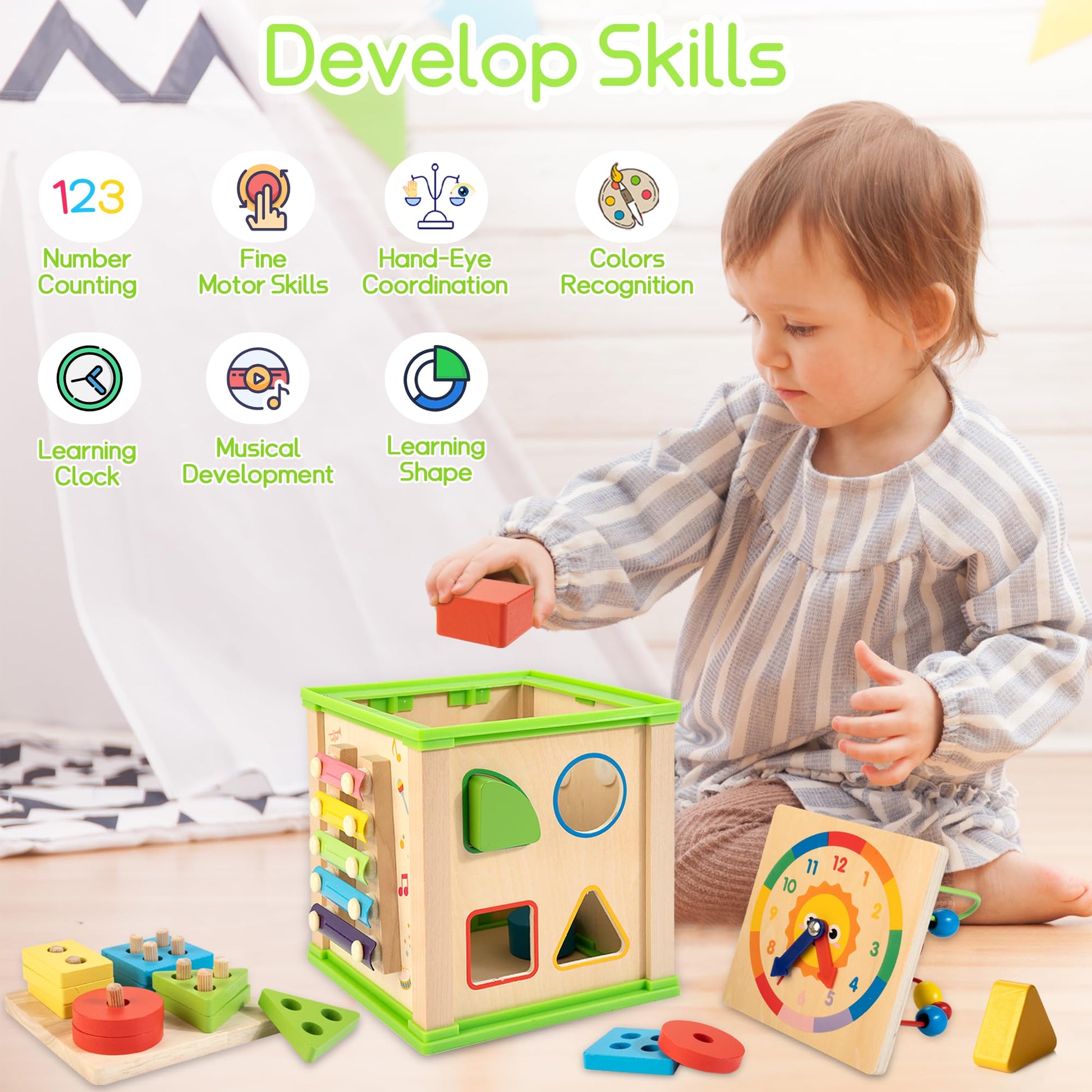 Wooden 7-in-1 Activity Cube| Montessori Toys for 1 2 3 Year Old Toddlers| Baby Educational Developmental Toys |One Year Old Boys Girls First Birthday Gifts |Bonus Sorting & Stacking Board
