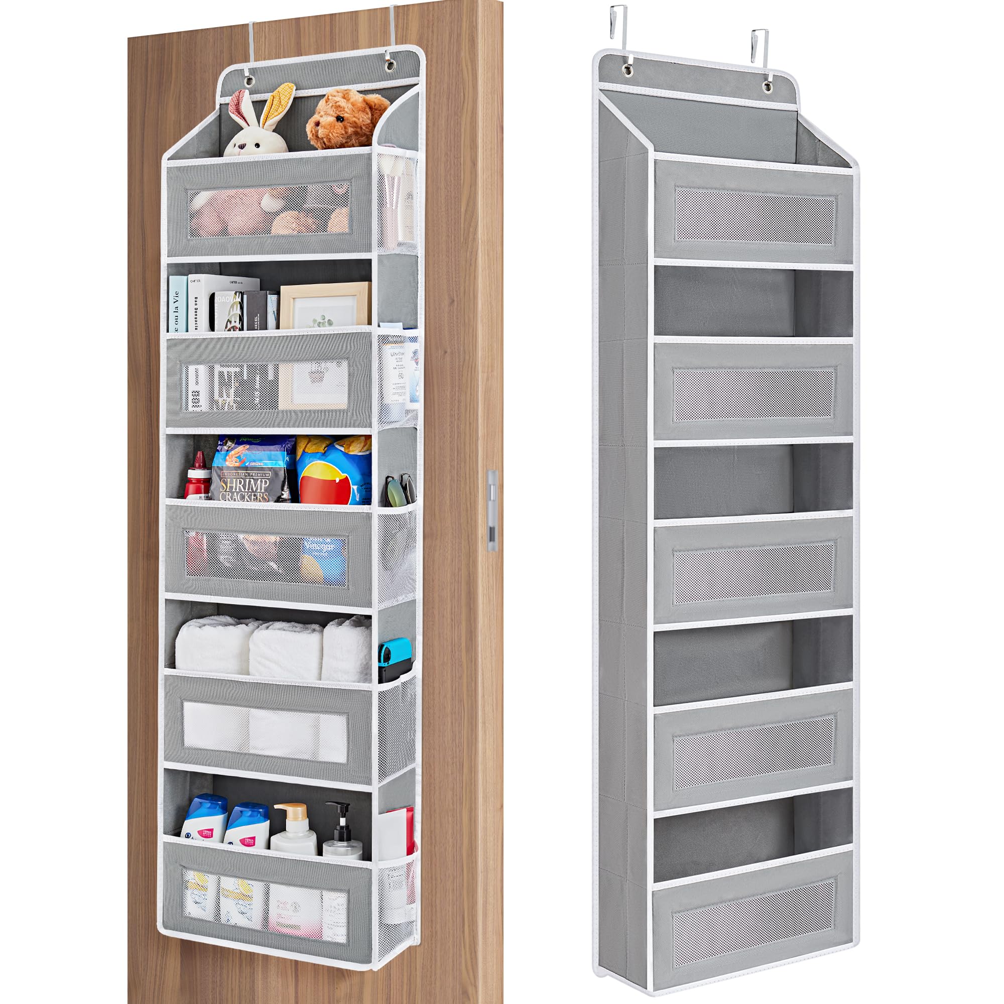 JARLINK Over The Door Organizer Storage, 5 Shelf Hanging Door Organizer with 5 Large Capacity Pockets, Anti Tilt 44 lb Load Behind Door Storage for Bedroom, Bathroom, Pantry, Nursery, (Grey)