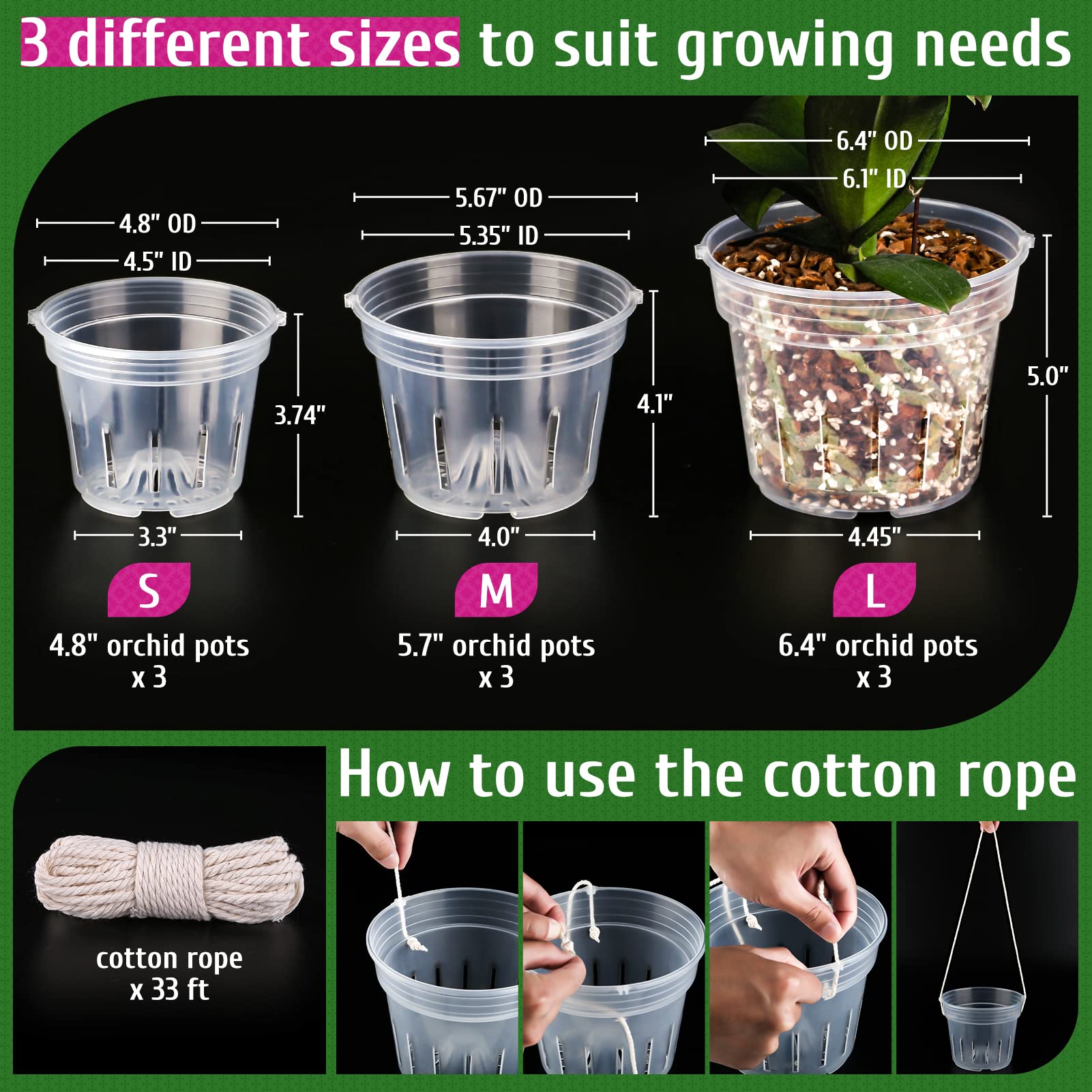 Orchid Pot, 9 Pack Orchid Pots with Holes, 3 Each of 4.8, 5.7 and 6.4 Inch Clear Flower Planter for Repotting, Plastic Slotted Nursery Planters Indoor Outdoor