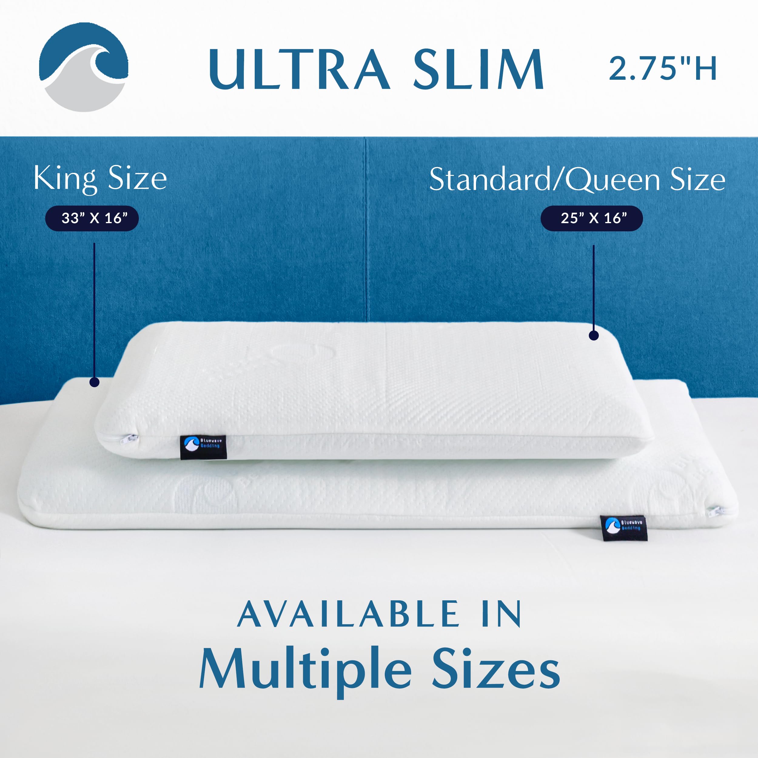 Bluewave Bedding Ultra Slim Gel Memory Foam Pillow for Stomach and Back Sleepers - Thin, Flat Design for Cervical Neck Alignment and Deeper Sleep (2.75-Inches Height, Standard Size)