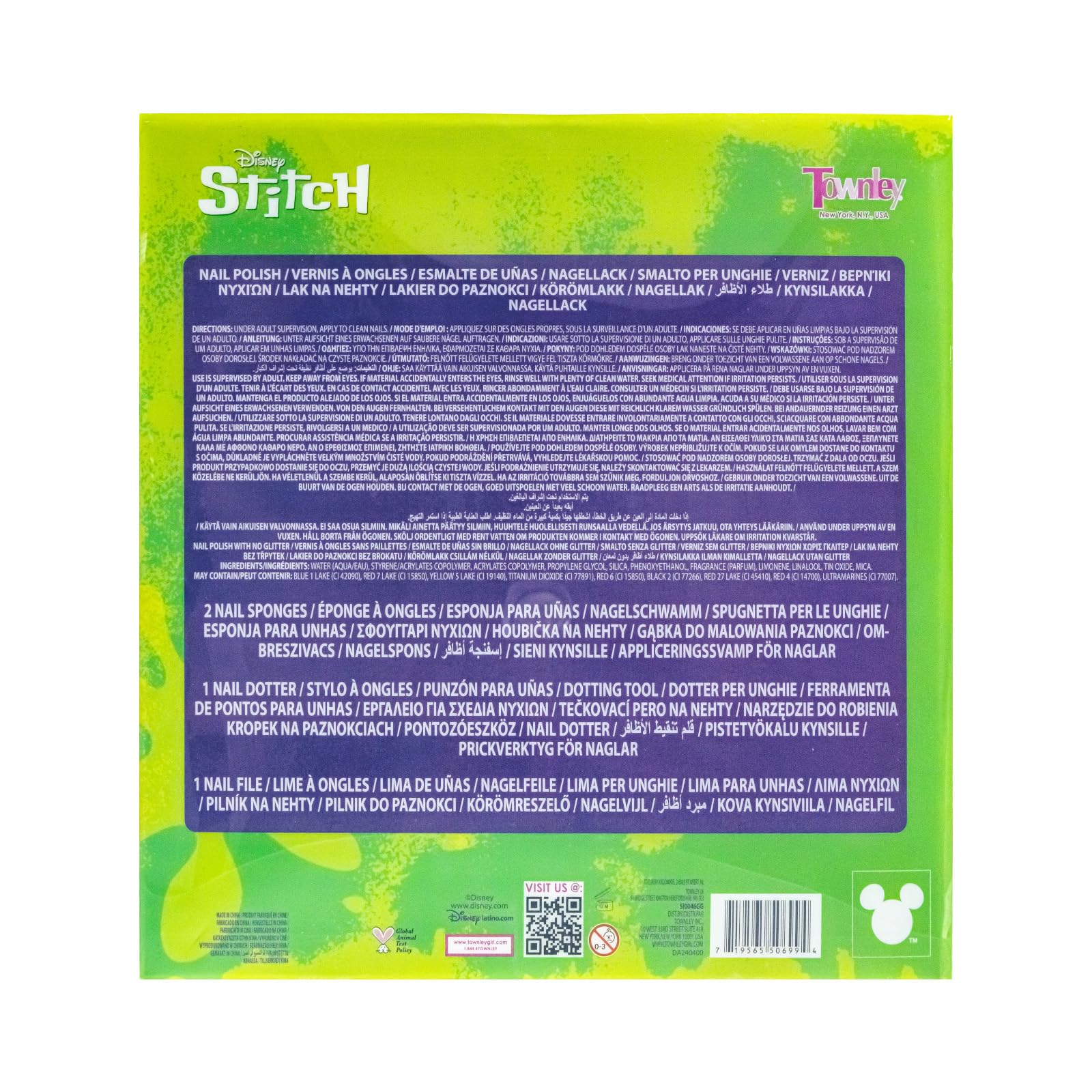 Townley Girl Disney Stitch 15 Piece Water-Based Nail Art Activity Makeup Set, Includes Nail Polish, Nail Brush and Nail Files, For Parties, Sleepovers and Makeovers, Ages 6