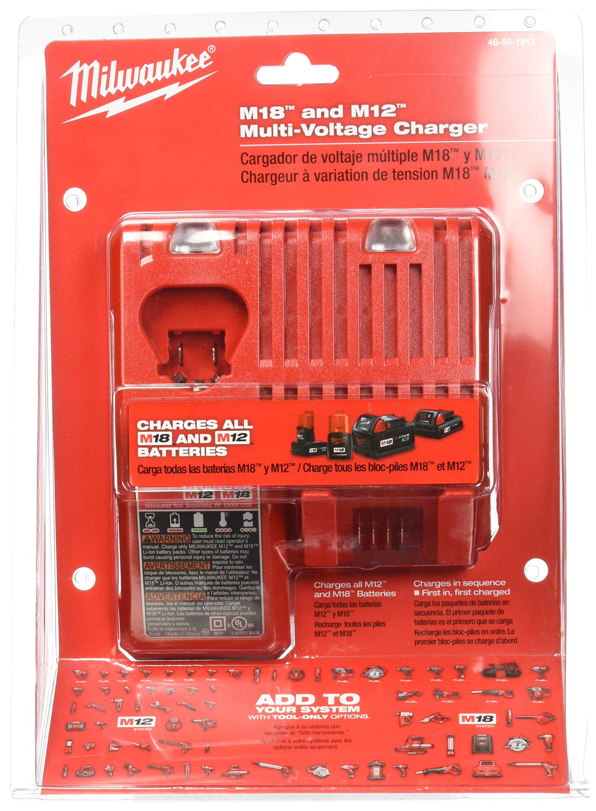 شاحن بطارية ليثيوم أيون متعدد الفولتية M12 أو M18 18V و 12V من ميلواكي 48-59-1812 مع مقياس وقود مدمج