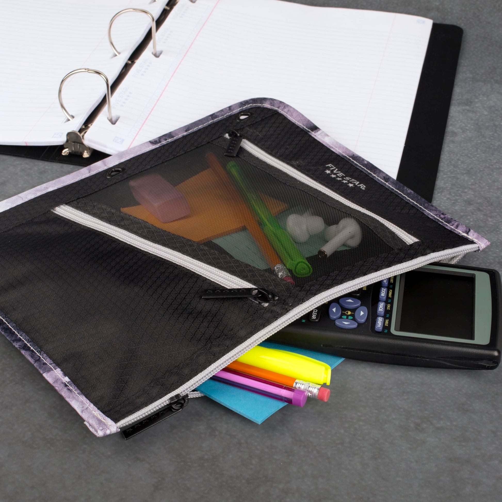 Five Star Pencil Pouch, Pen Case, 3-Pocket Zipper Pouch, Fits 3-Ring Binder, Storage Organizer for Classroom Supplies Earbuds Chargers Cables Makeup, Black/Grey (506420A-ECM)