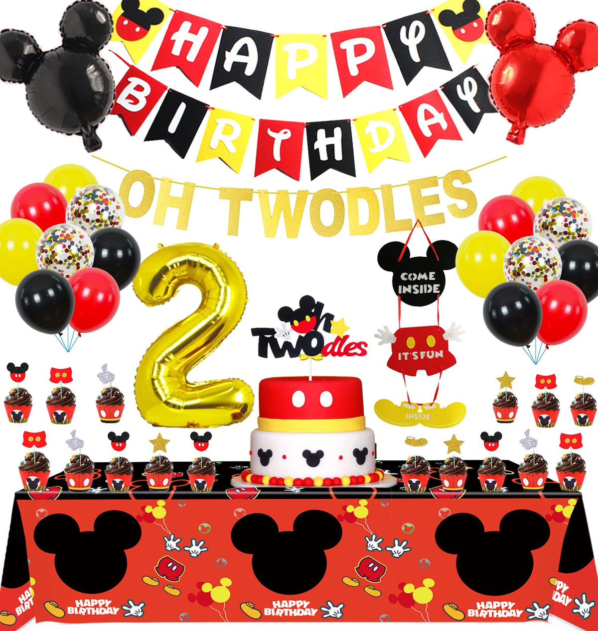 Mickey Mouse 2nd Birthday Party Supplies Oh Twodles Theme Party Decorations Includes Felt Banner,Welcome Hanger Door Sign, Tablecloth,Cake Cupcake Toppers,Mickey Head Balloons, 12 Latex Balloon