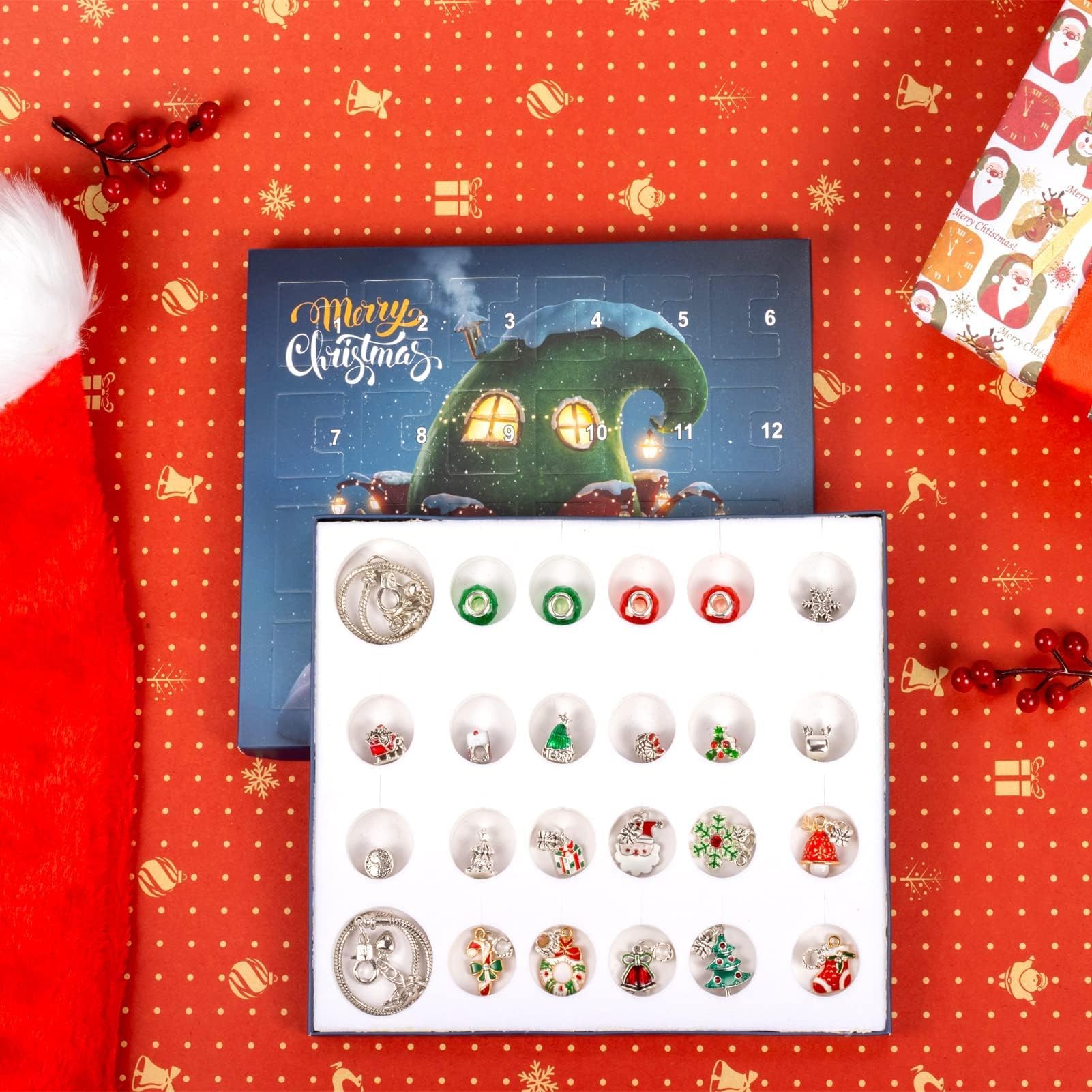 Christmas Advent Calendar Bracelets 2025 for Girls 24 Days Xmas Countdown Calendar DIY Jewelry Making Kit Gift 22 Charm Beads 2 Bracelets for Kids Teens Women