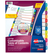 Avery 12 Tab Dividers for 3 Ring Binder, Multicolor Tab Dividers, Customizable Table of Contents, 1 Set (11843)