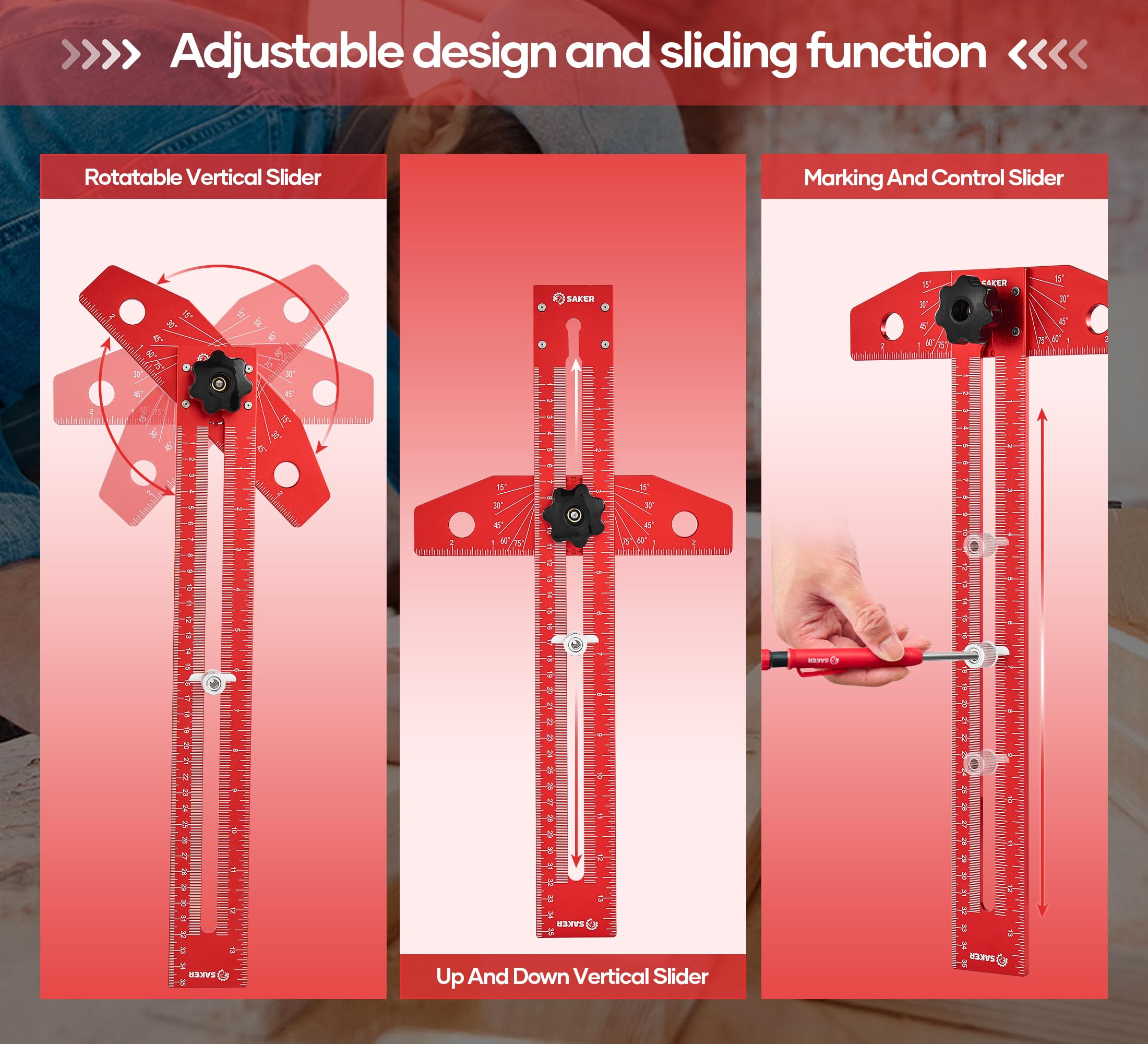 Saker Woodworking Scriber Marking Line Ruler, Adjustable Aluminum Alloy Sliding T-Square Ruler,Precision Line Drawing aid Ruler with Angle Adjustment Scale