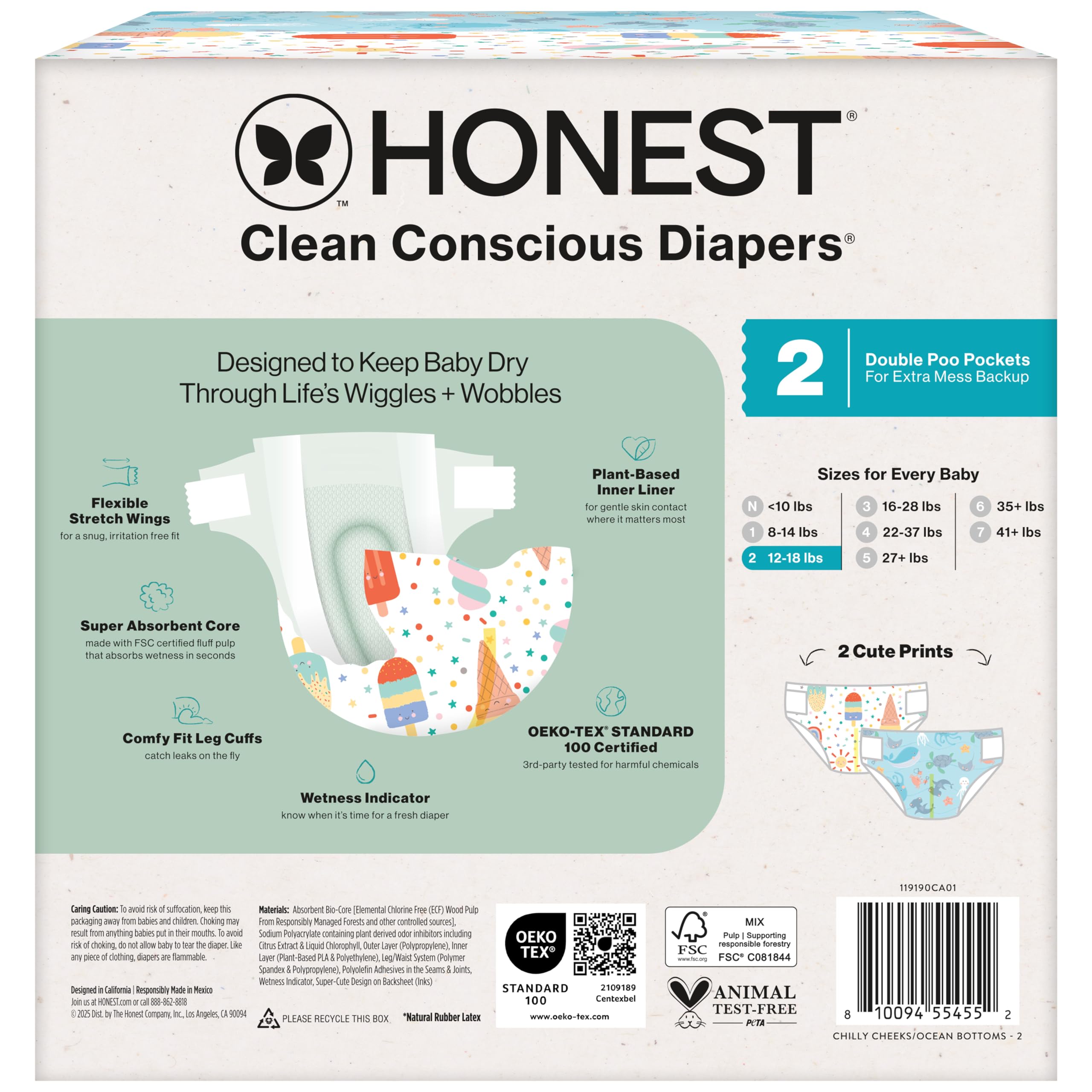 The Honest Company Clean Conscious Diapers for Delicate Skin | Up to 100% Leakproof | Hypoallergenic, Fragrance Free | Summer '25 Limited Edition Prints | Club Box, Size 2 (12-18 lbs), 72 Count