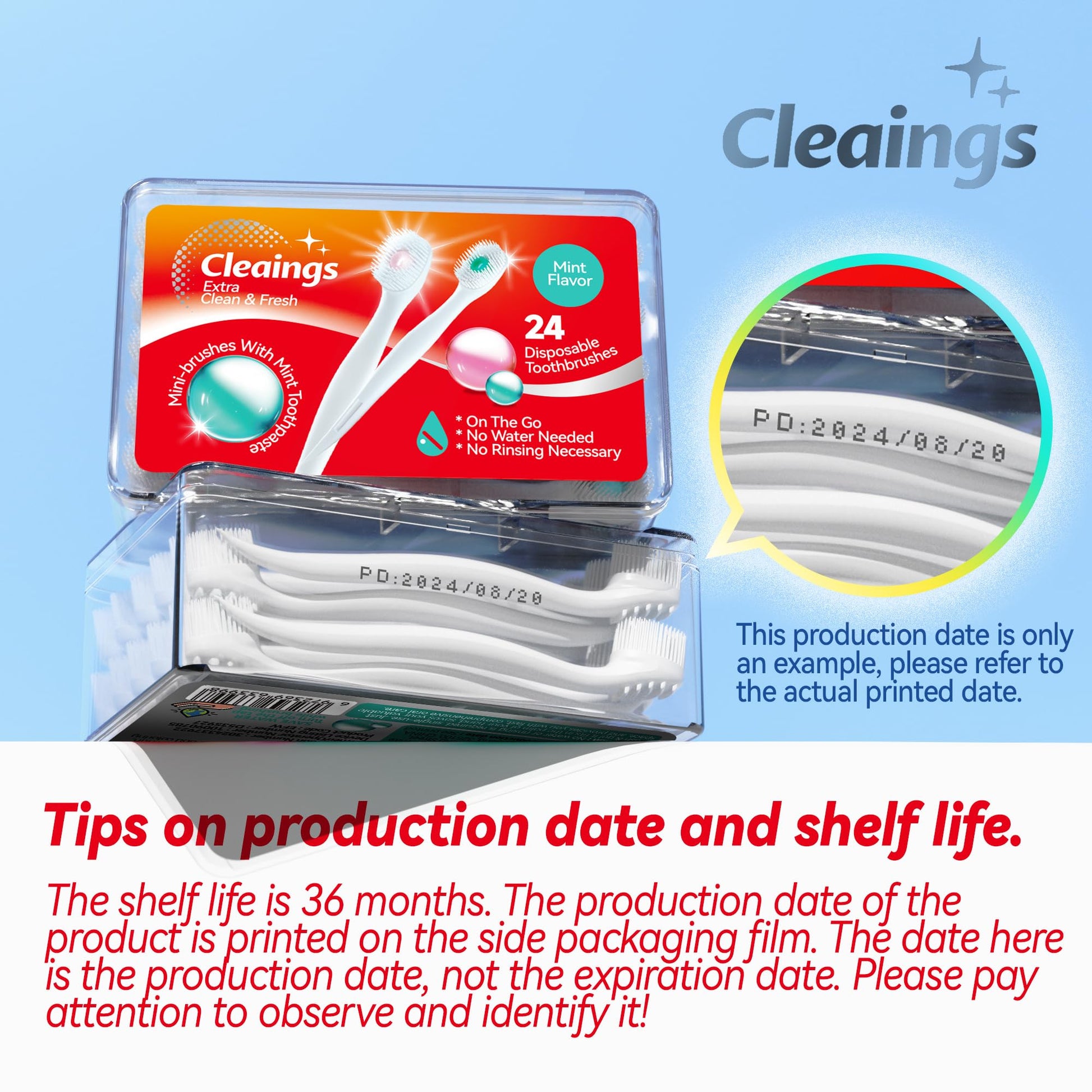 cleaings® Mini Brushes-Disposable Toothbrushes with Toothpaste and Pick for Work or Travel, 24 Count (Mint Flavor（Pack of 1）)