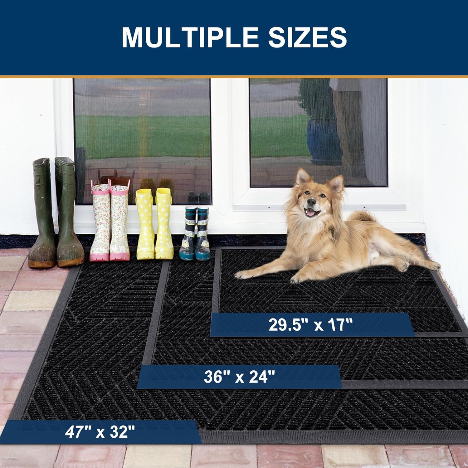 Smiry Front Door Mat Outside Entrance, Heavy Duty Sturdy Natural Rubber Doormat, Trap Dirt and Moisture, Easy Clean Low Profile Welcome Floor Mats for Indoor Outdoor Entry, 29.5x17 Inch, Black
